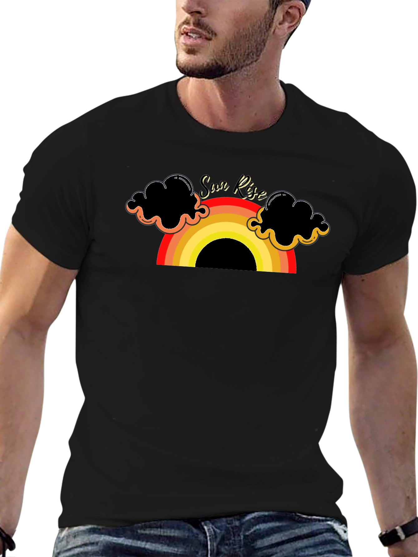 Sunrise Rainbow Graphic Tee - Black Cotton T-Shirt