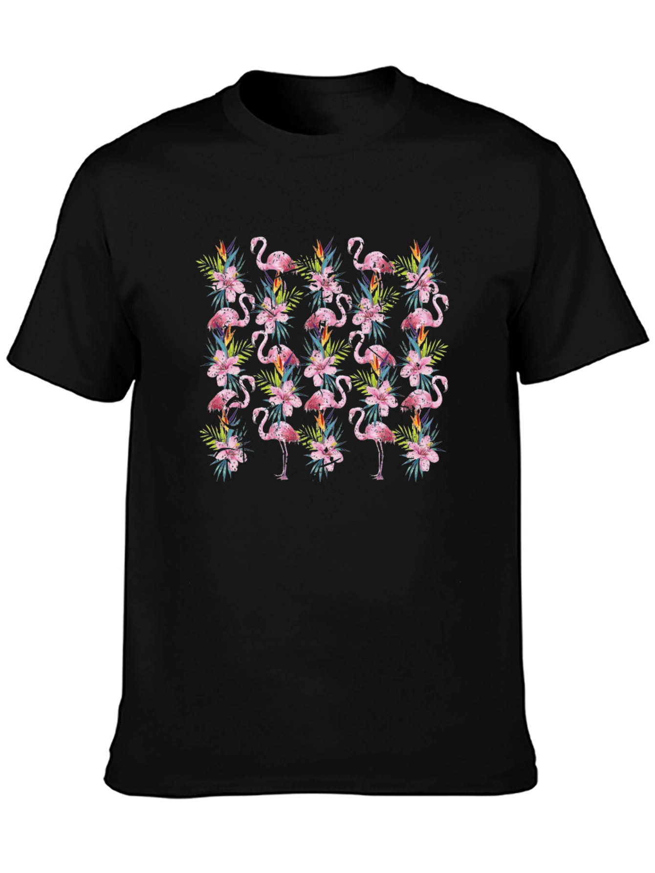 Tropical Flamingo Floral Pattern Mens Black T-Shirt