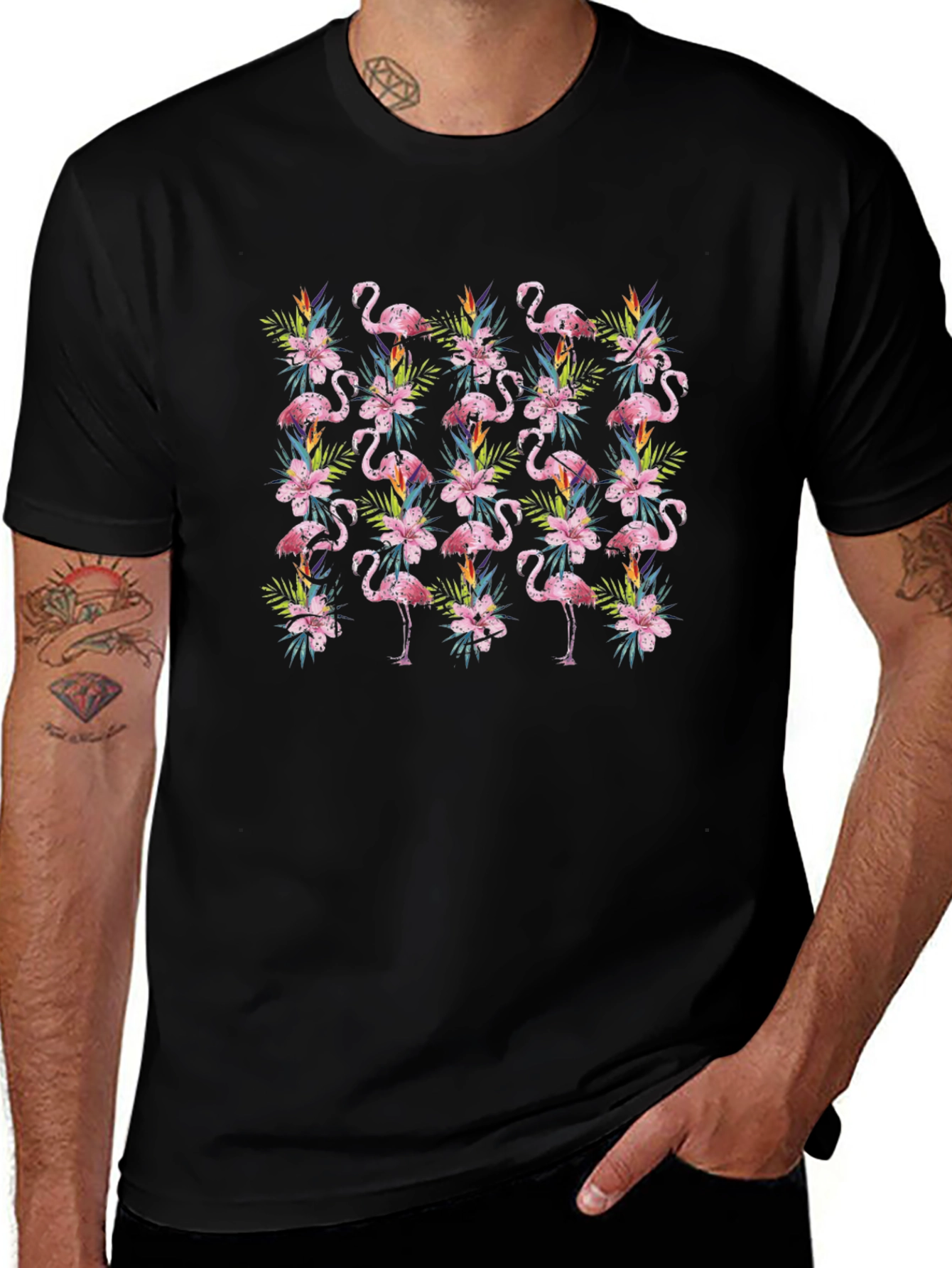 Tropical Flamingo Floral Pattern Mens Black T-Shirt