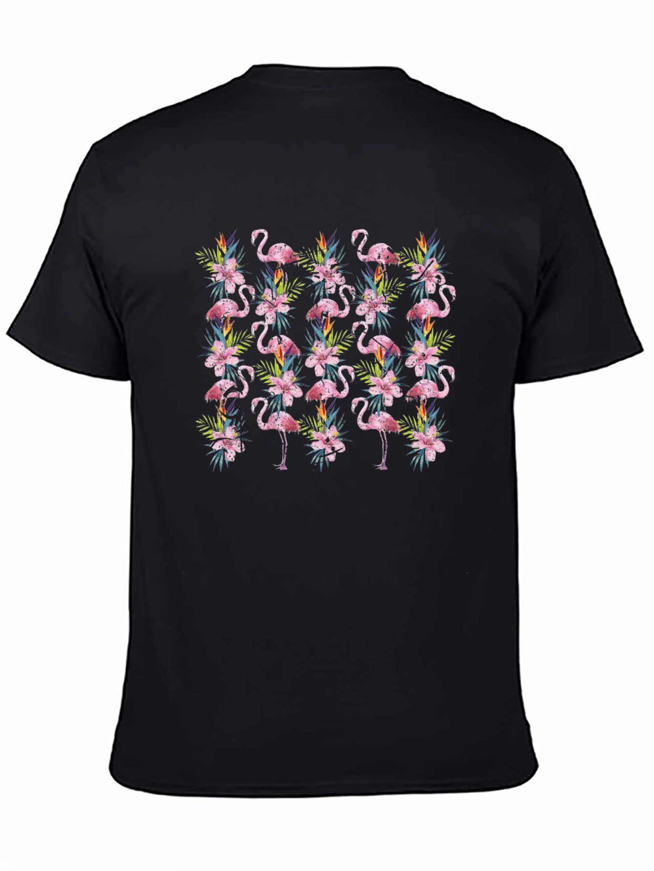 Tropical Flamingo Floral Pattern Mens Black T-Shirt