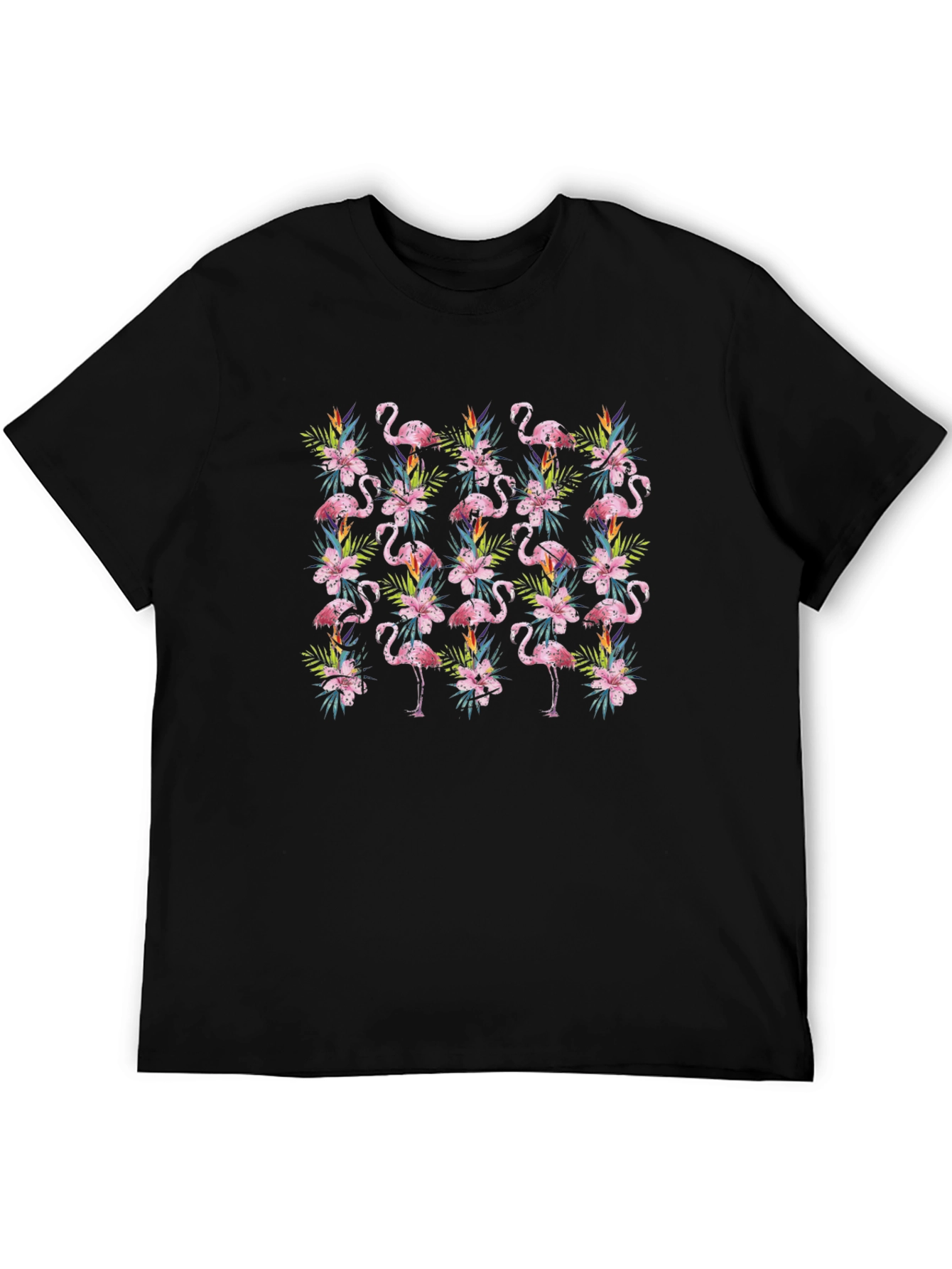 Tropical Flamingo Floral Pattern Mens Black T-Shirt