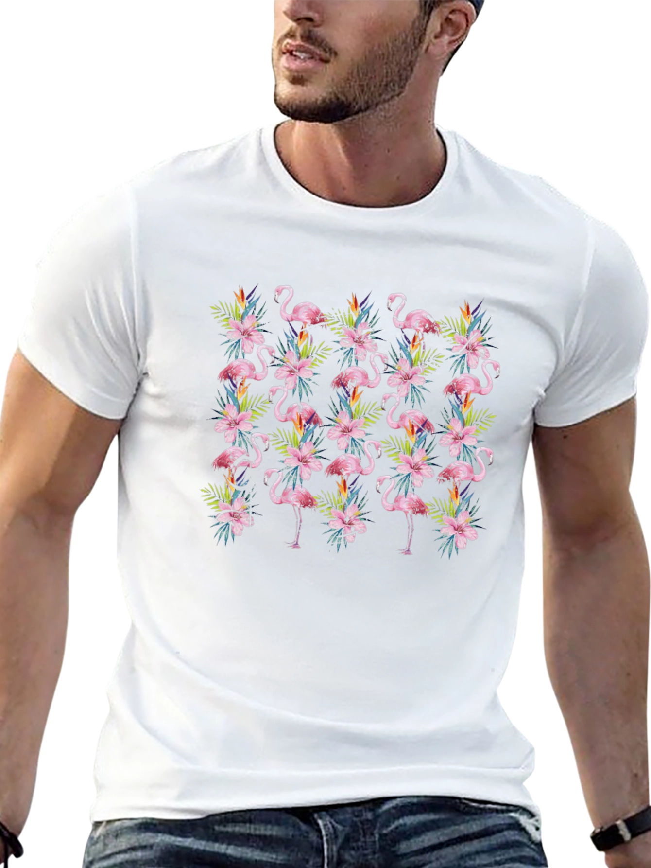 Tropical Flamingo Floral Pattern Mens Black T-Shirt