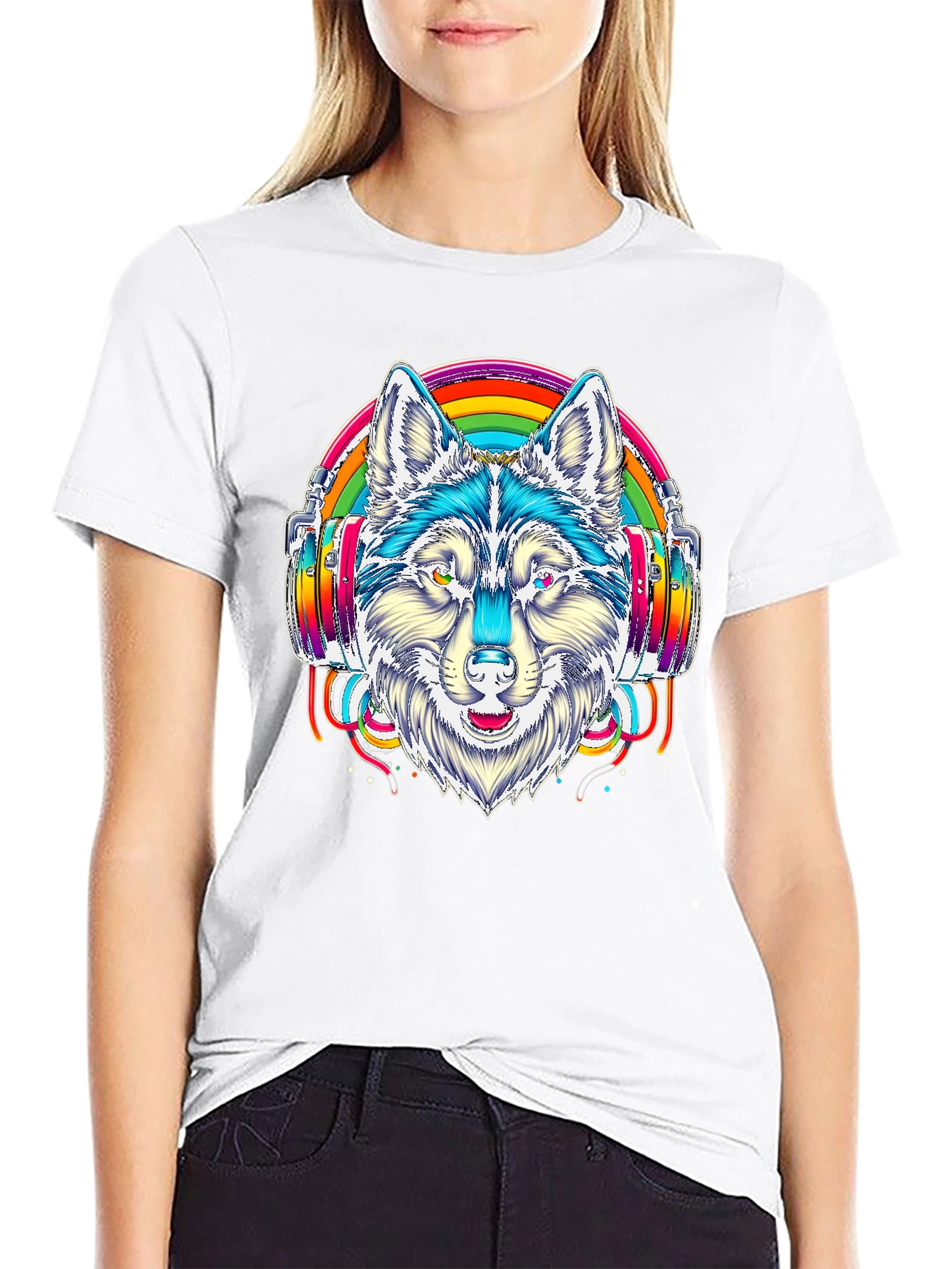 Rainbow Wolf Headphone Graphic Tee - Black