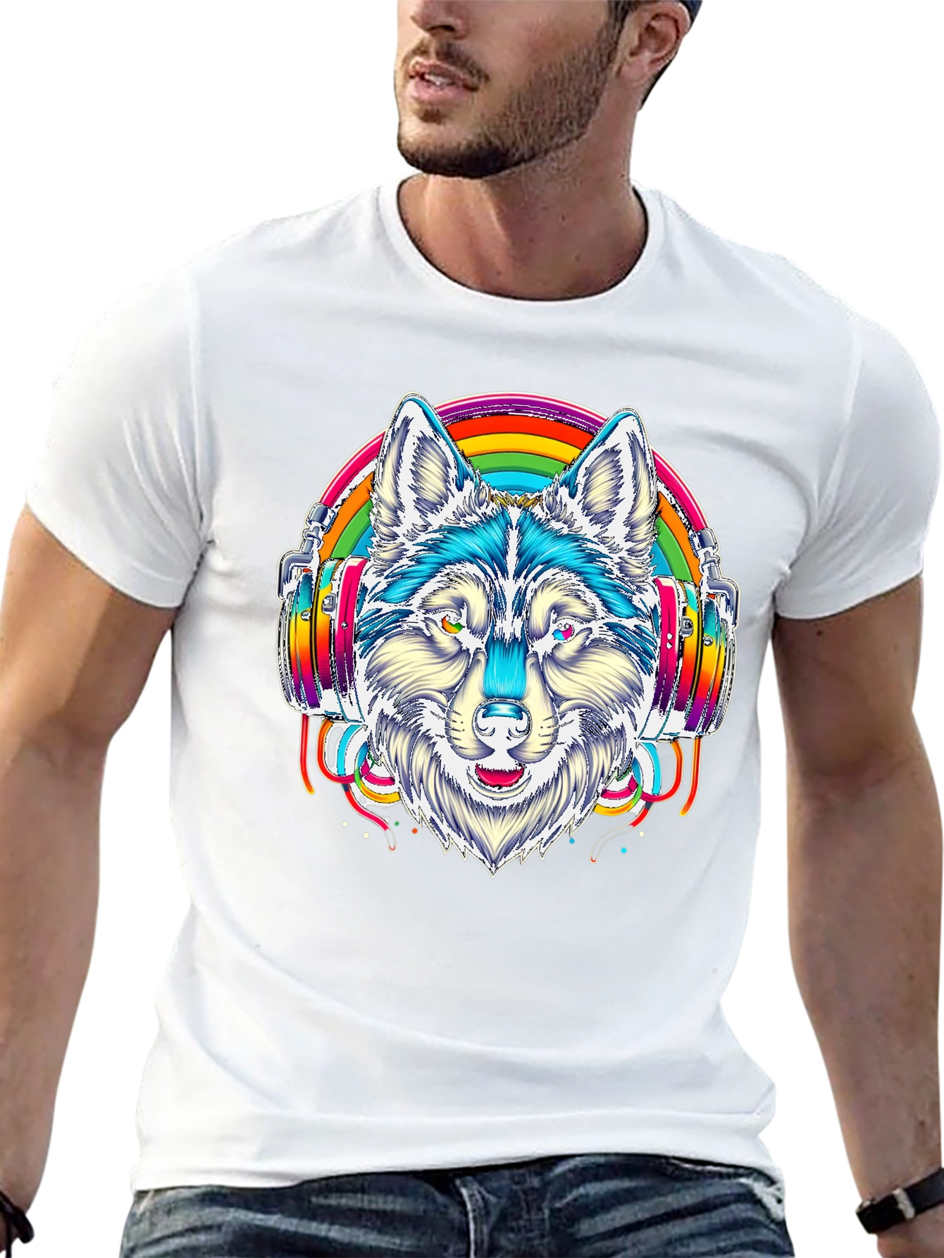 Rainbow Wolf Headphone Graphic Tee - Black