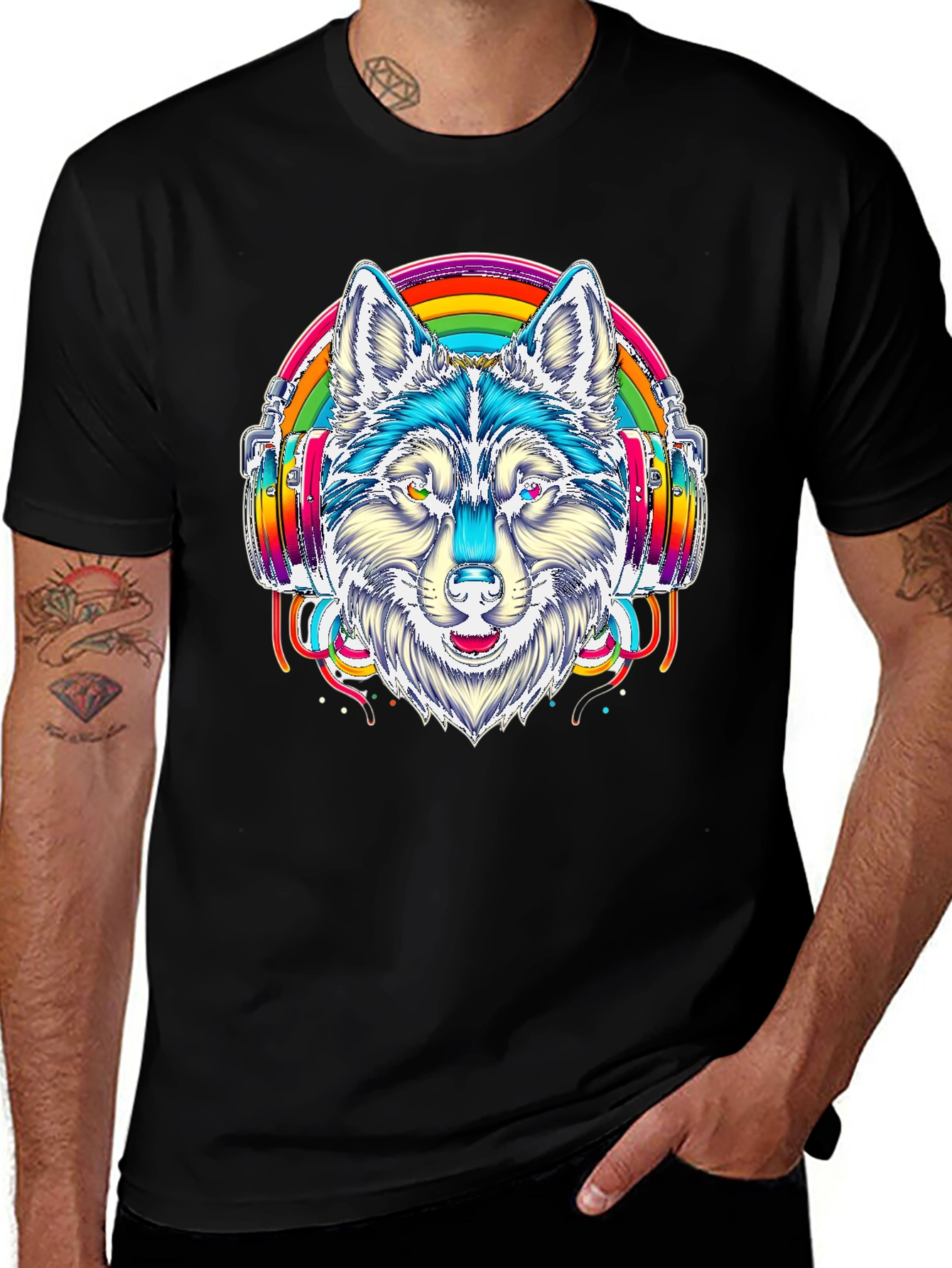 Rainbow Wolf Headphone Graphic Tee - Black