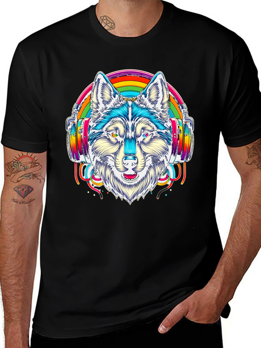 Rainbow Wolf Headphone Graphic Tee - Black