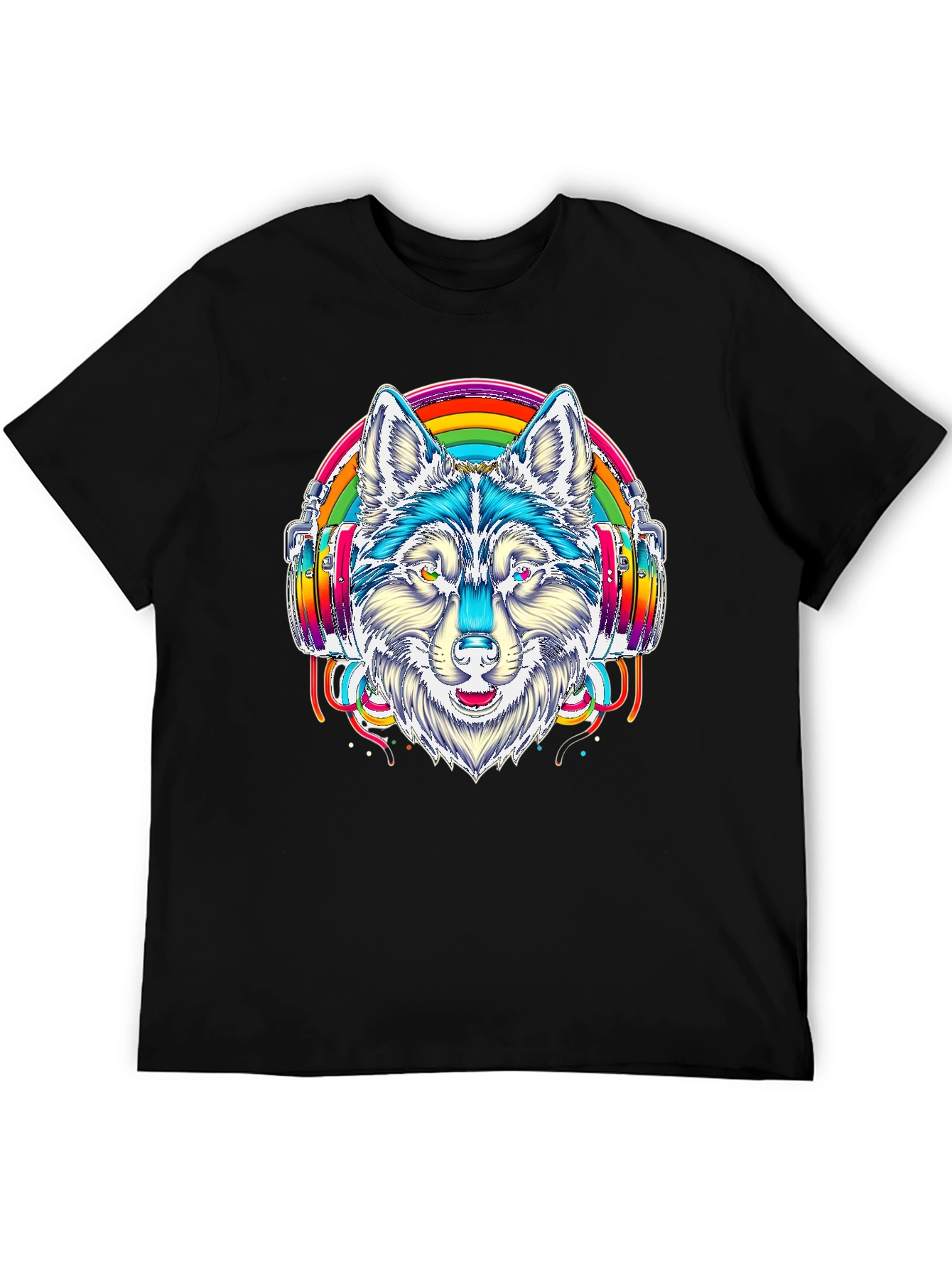 Rainbow Wolf Headphone Graphic Tee - Black