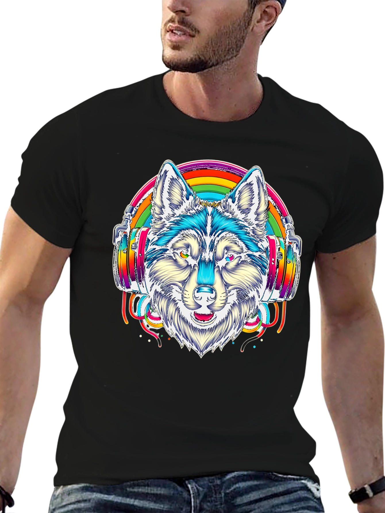 Rainbow Wolf Headphone Graphic Tee - Black