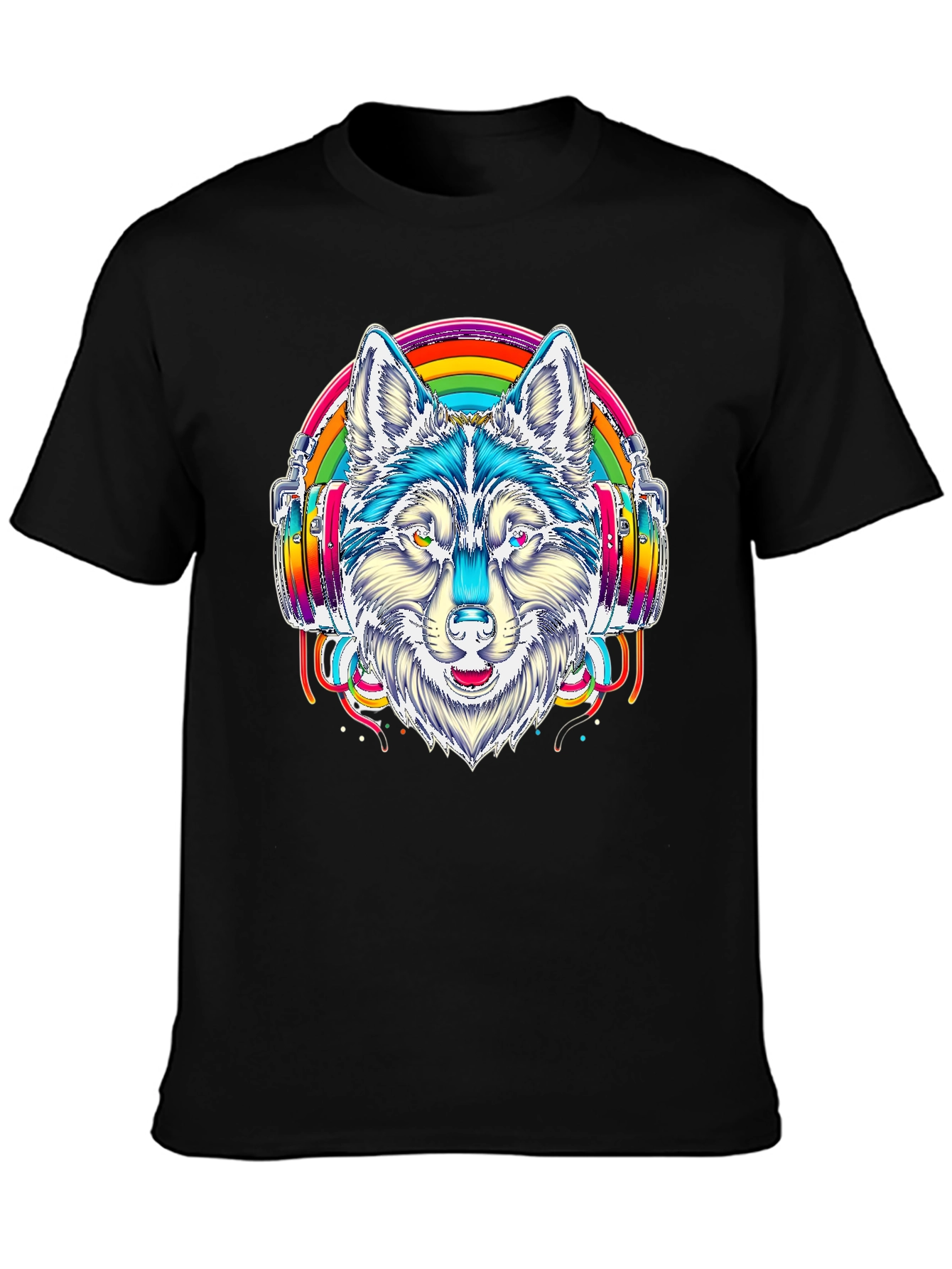 Rainbow Wolf Headphone Graphic Tee - Black