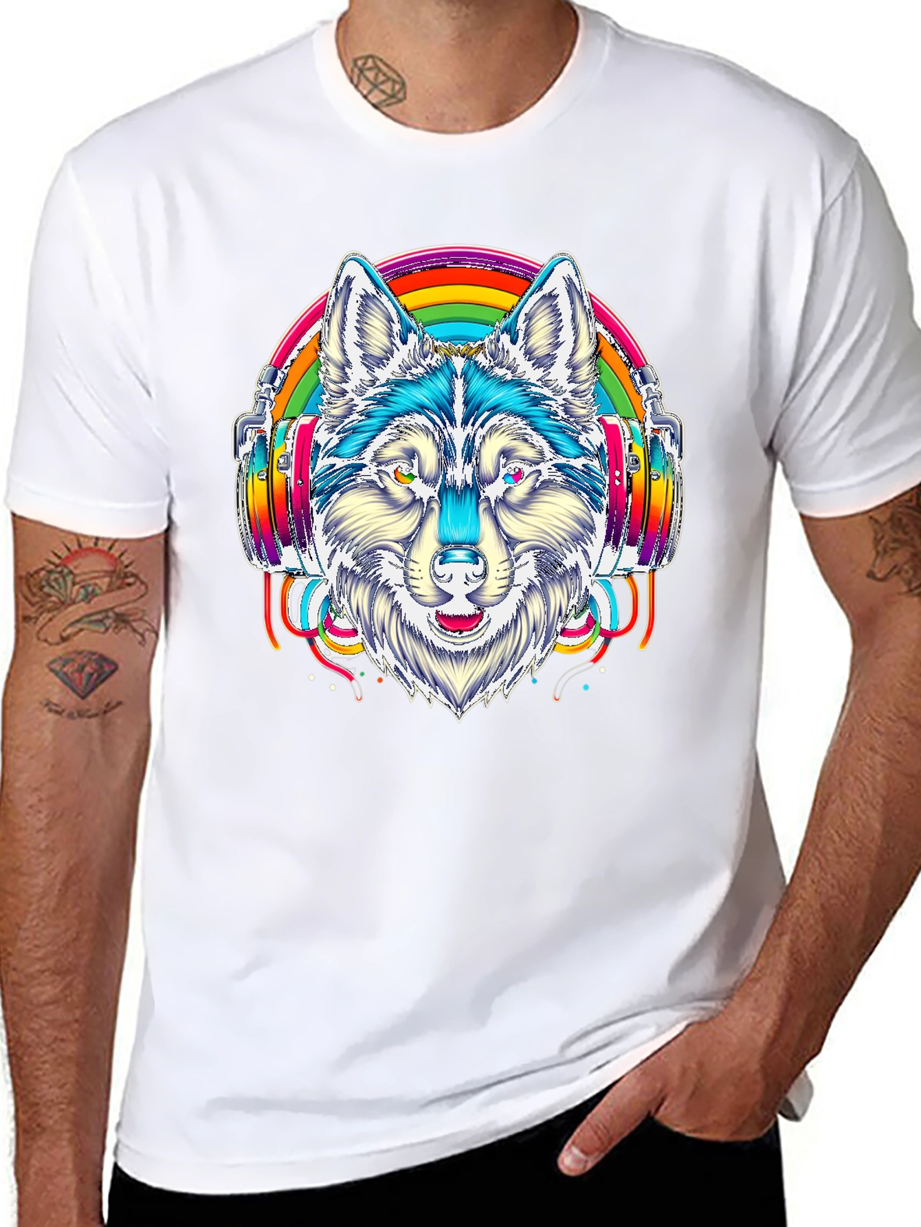 Rainbow Wolf Headphone Graphic Tee - Black