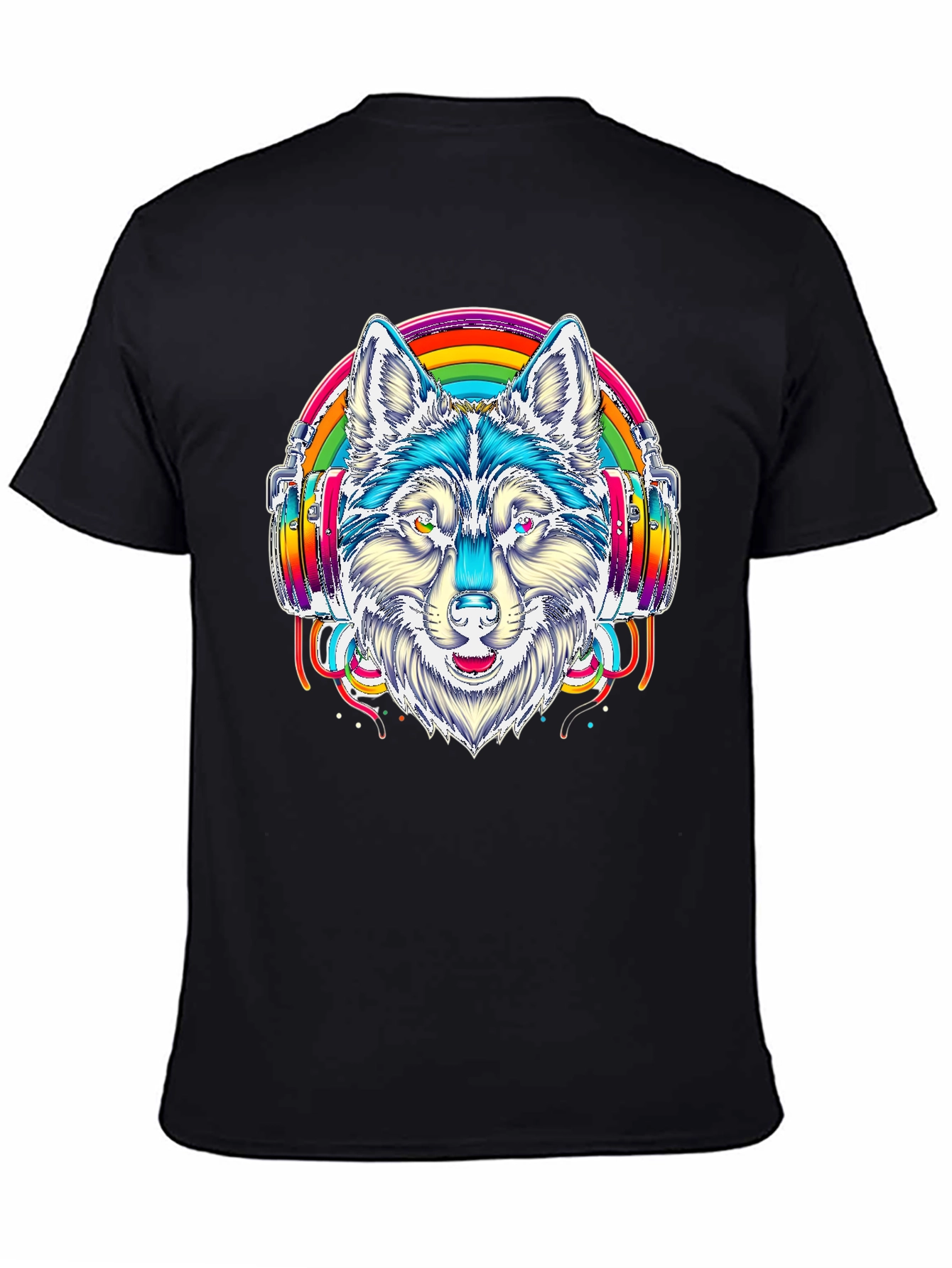 Rainbow Wolf Headphone Graphic Tee - Black