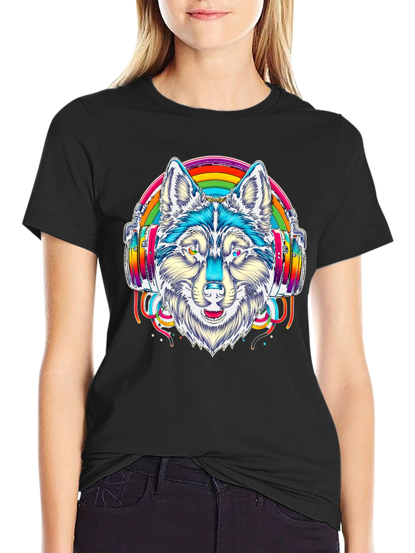 Rainbow Wolf Headphone Graphic Tee - Black
