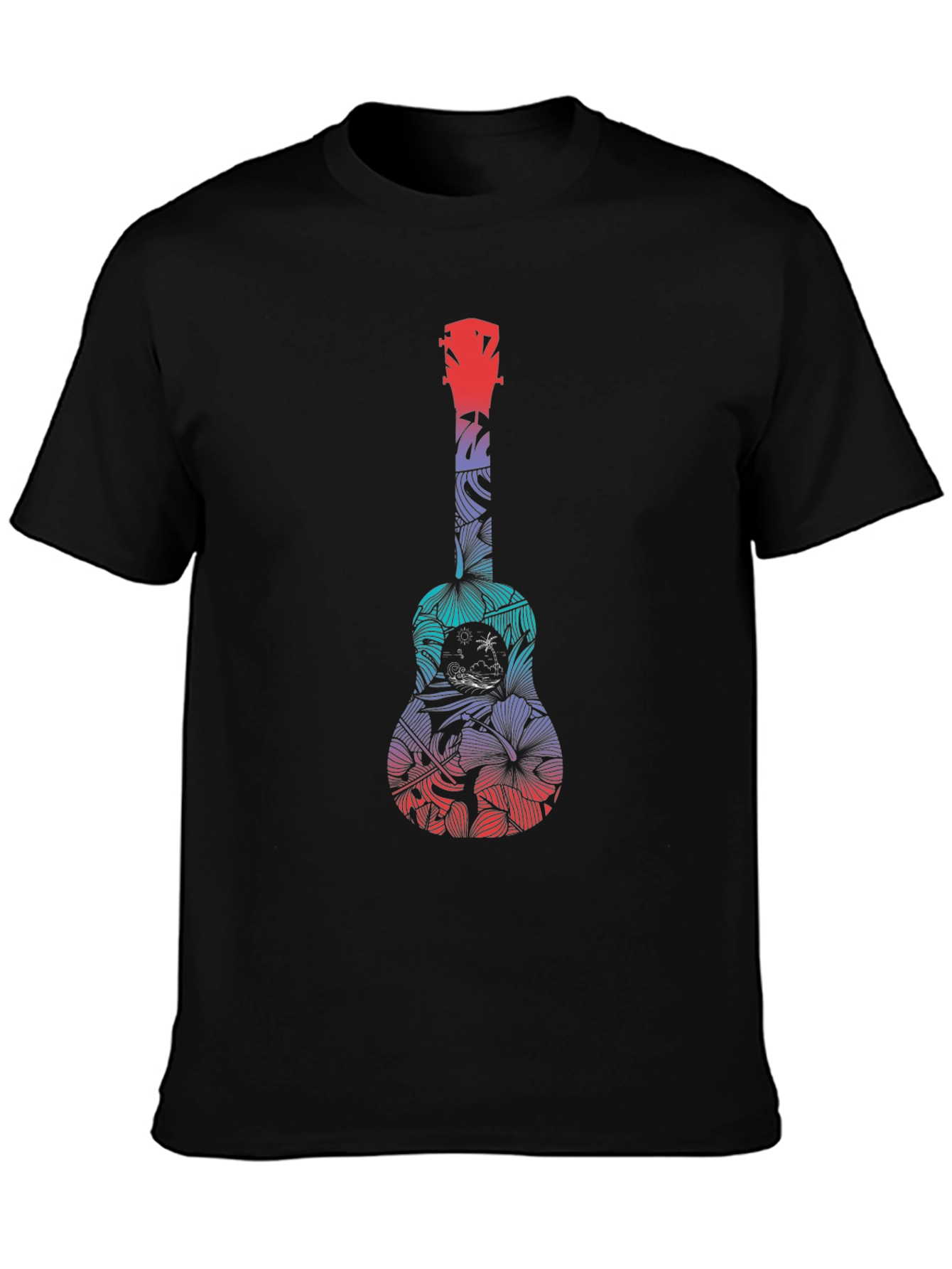 Tropical Ukulele Graphic Tee - Black Cotton T-Shirt