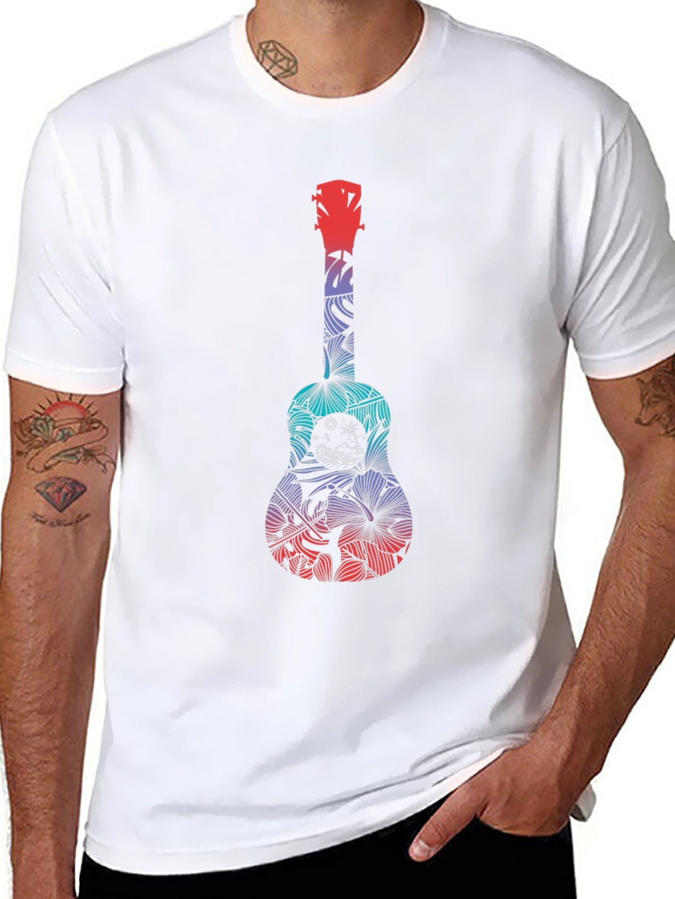 Tropical Ukulele Graphic Tee - Black Cotton T-Shirt