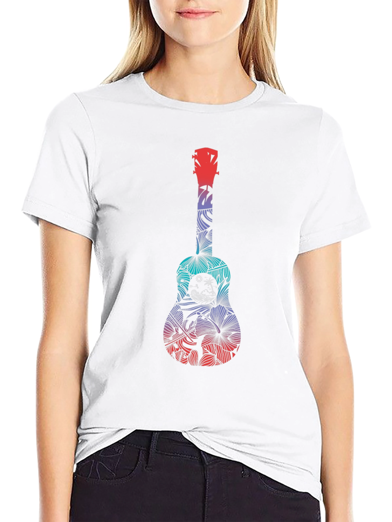 Tropical Ukulele Graphic Tee - Black Cotton T-Shirt