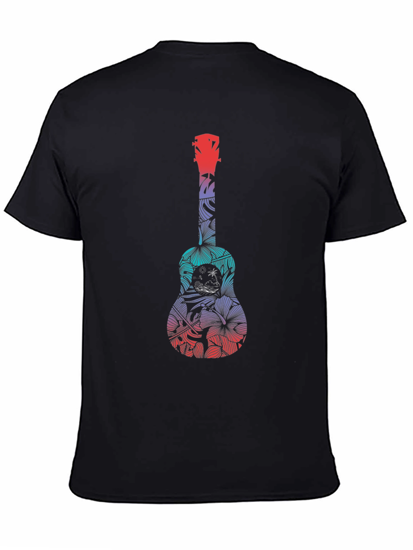Tropical Ukulele Graphic Tee - Black Cotton T-Shirt