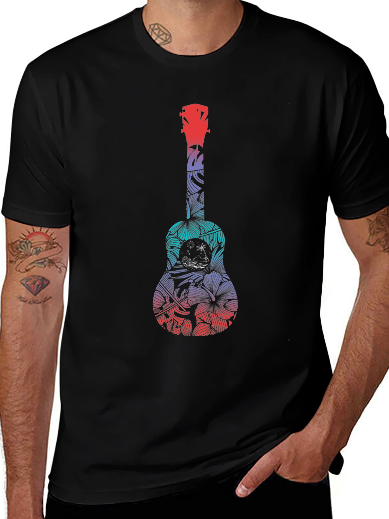 Tropical Ukulele Graphic Tee - Black Cotton T-Shirt