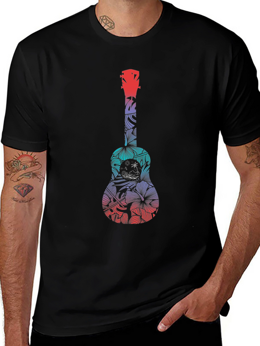 Tropical Ukulele Graphic Tee - Black Cotton T-Shirt