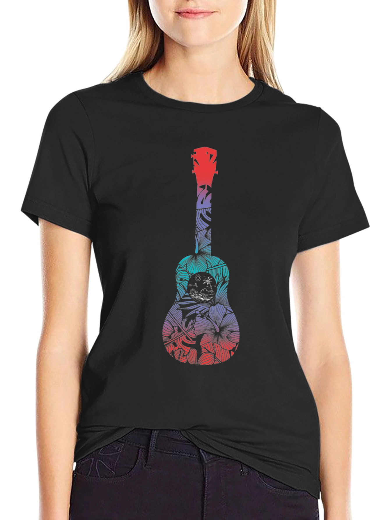 Tropical Ukulele Graphic Tee - Black Cotton T-Shirt