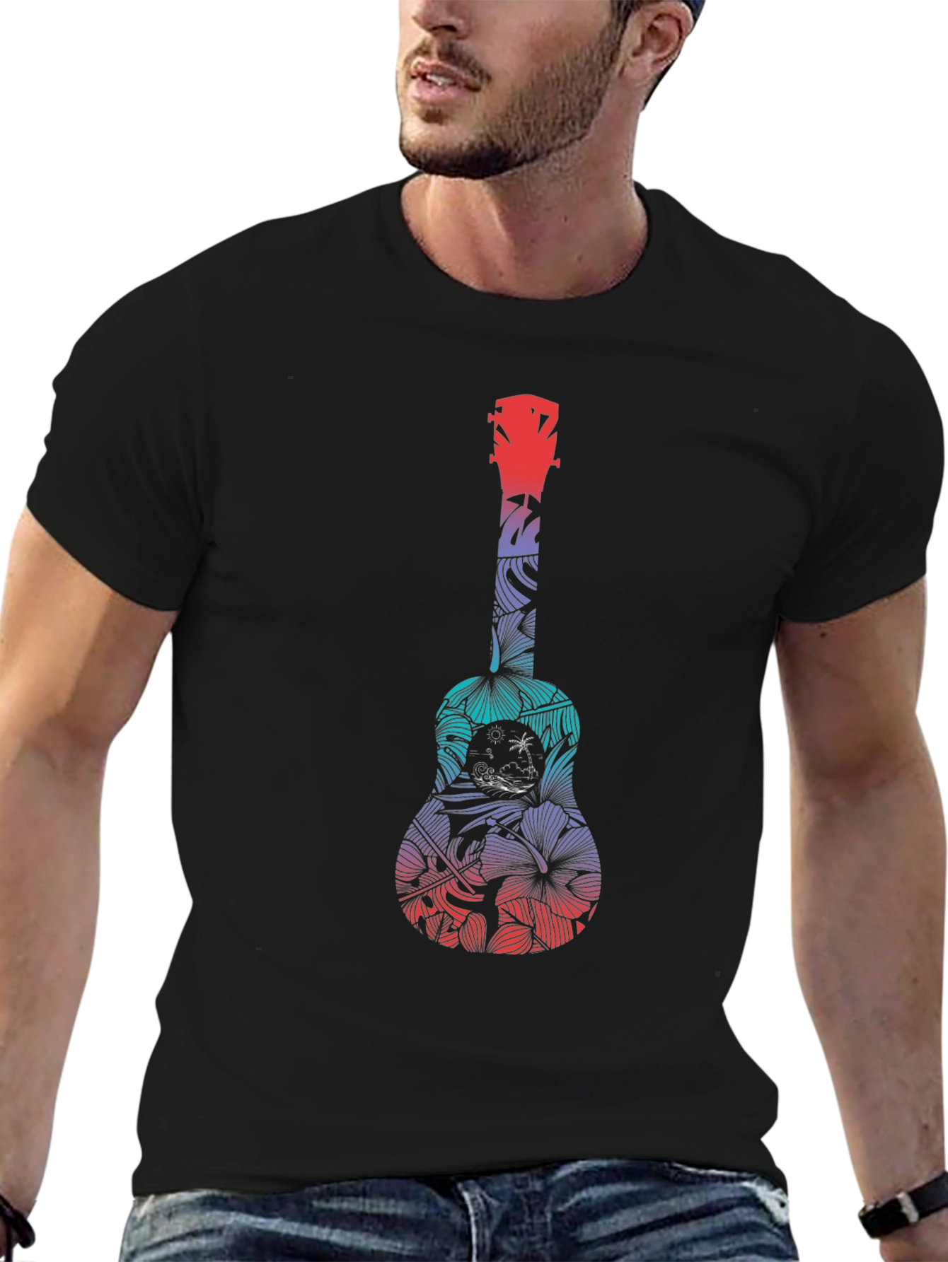 Tropical Ukulele Graphic Tee - Black Cotton T-Shirt