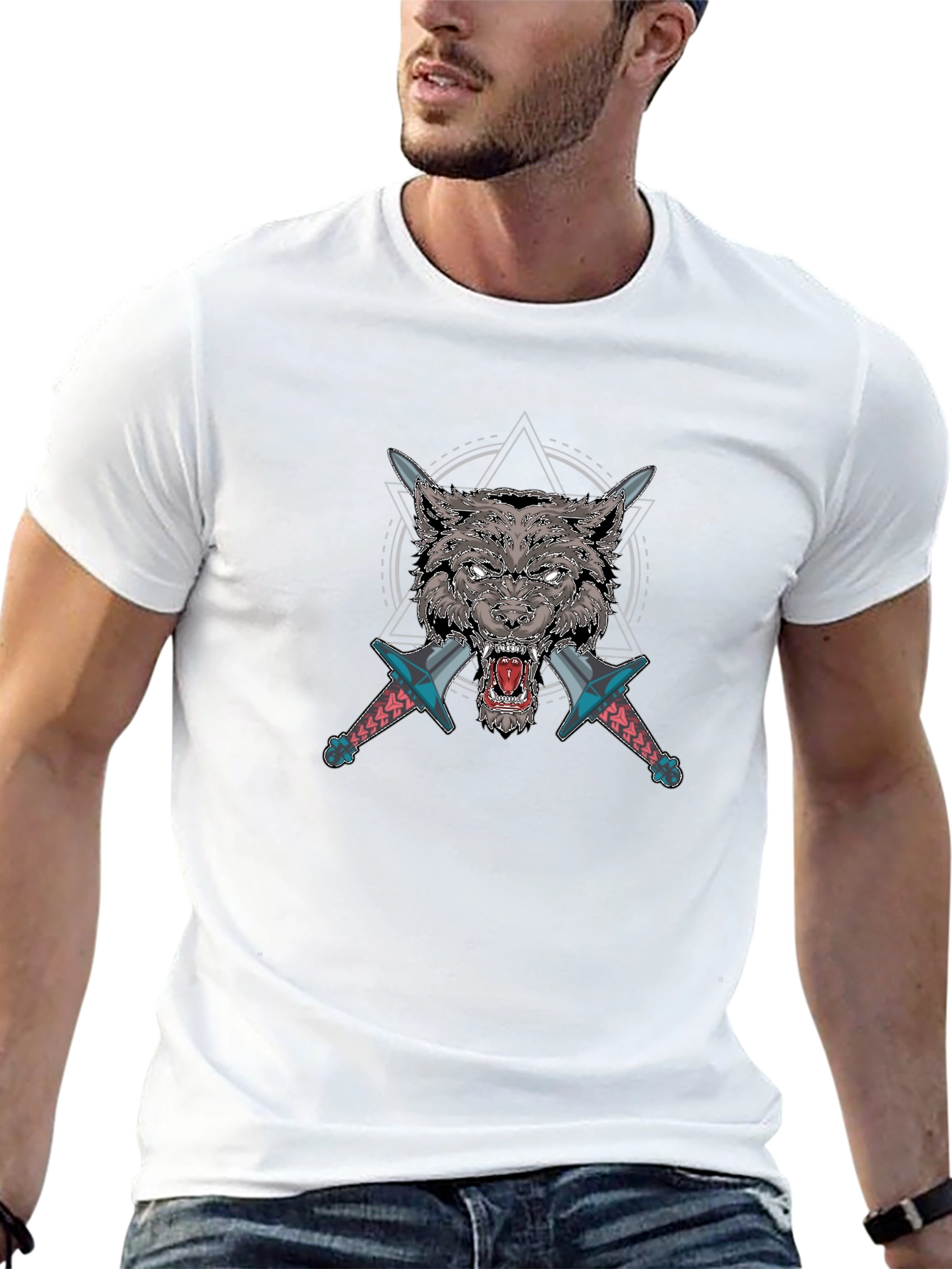 Wolf Graphic T-Shirt with Swords