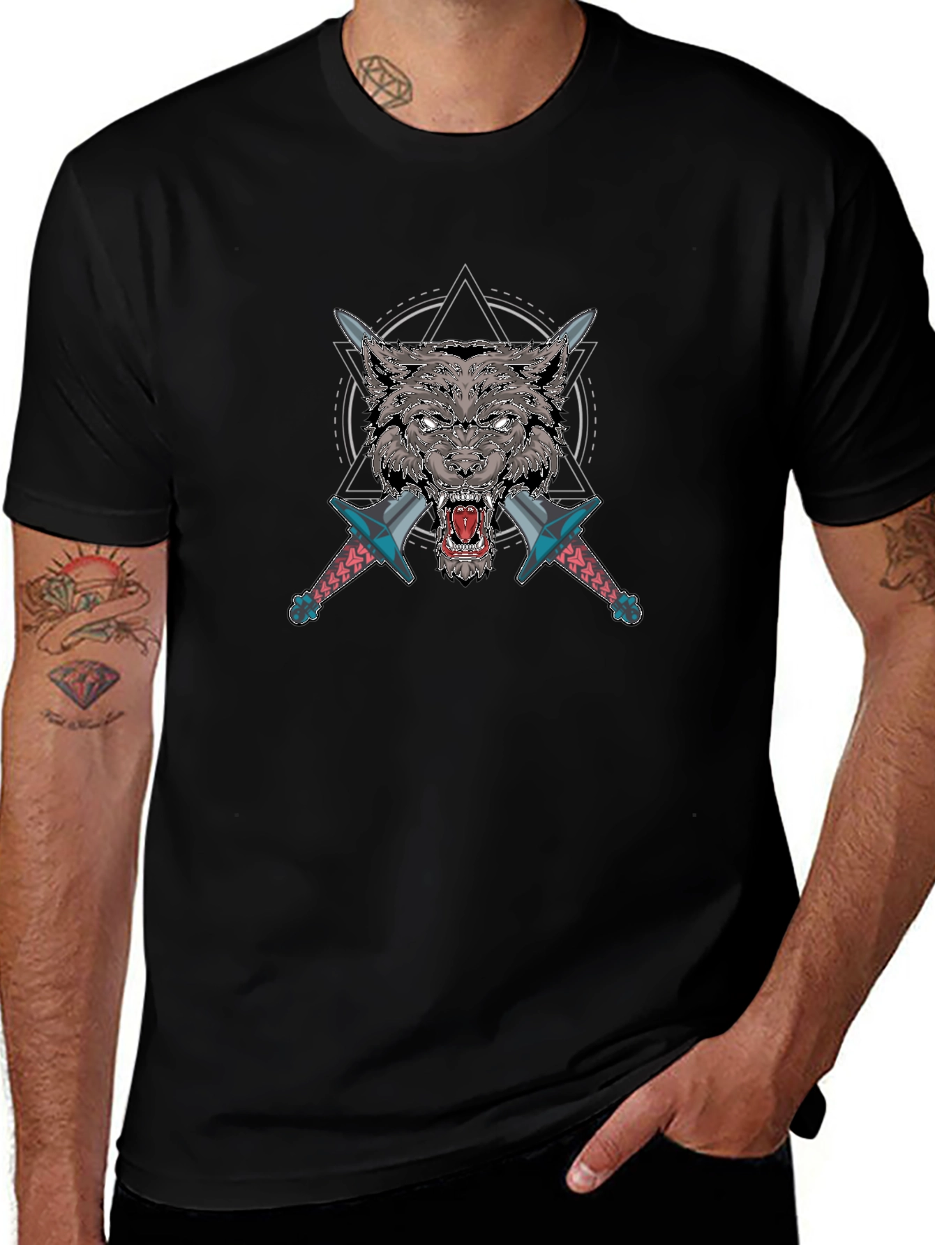 Wolf Graphic T-Shirt with Swords