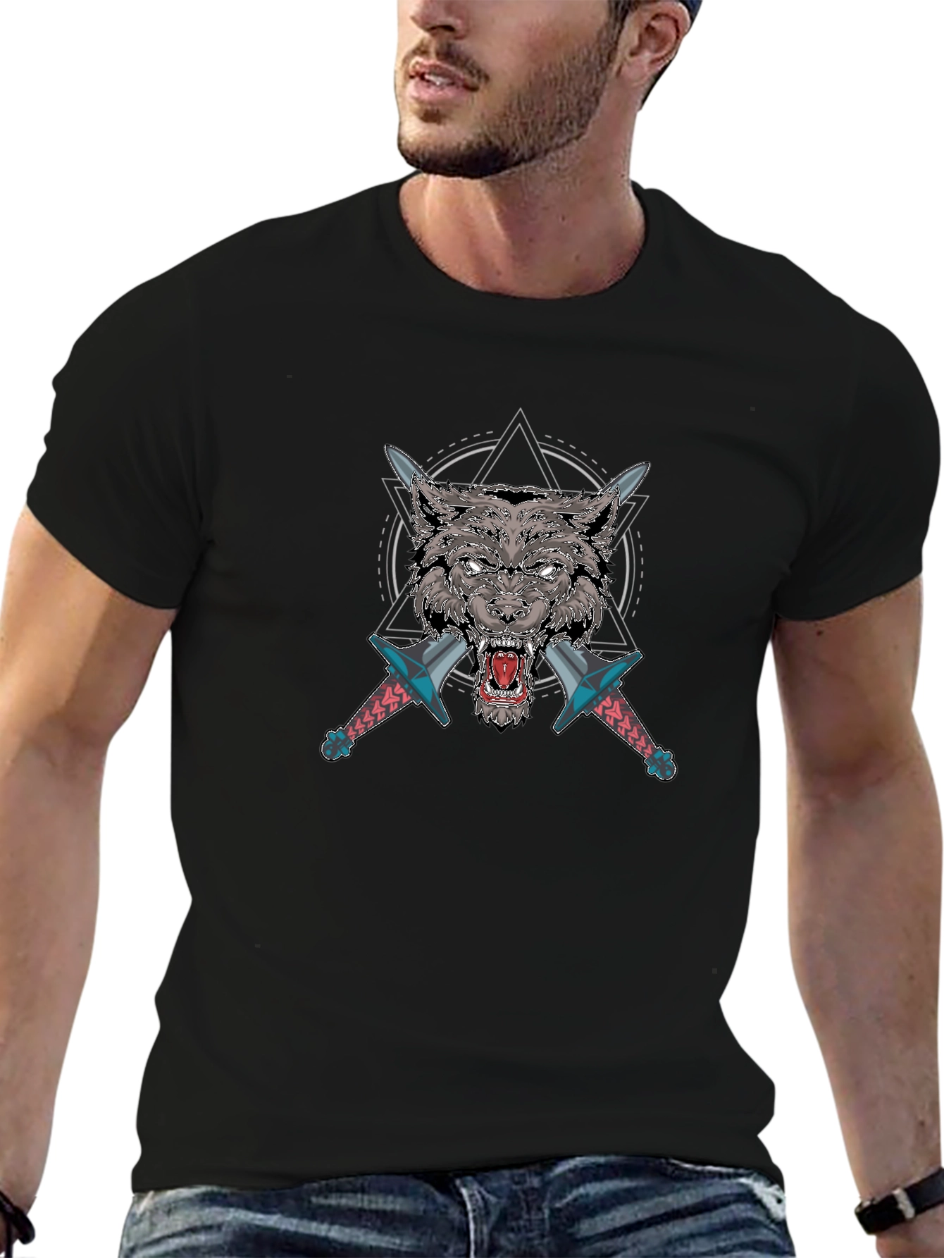 Wolf Graphic T-Shirt with Swords