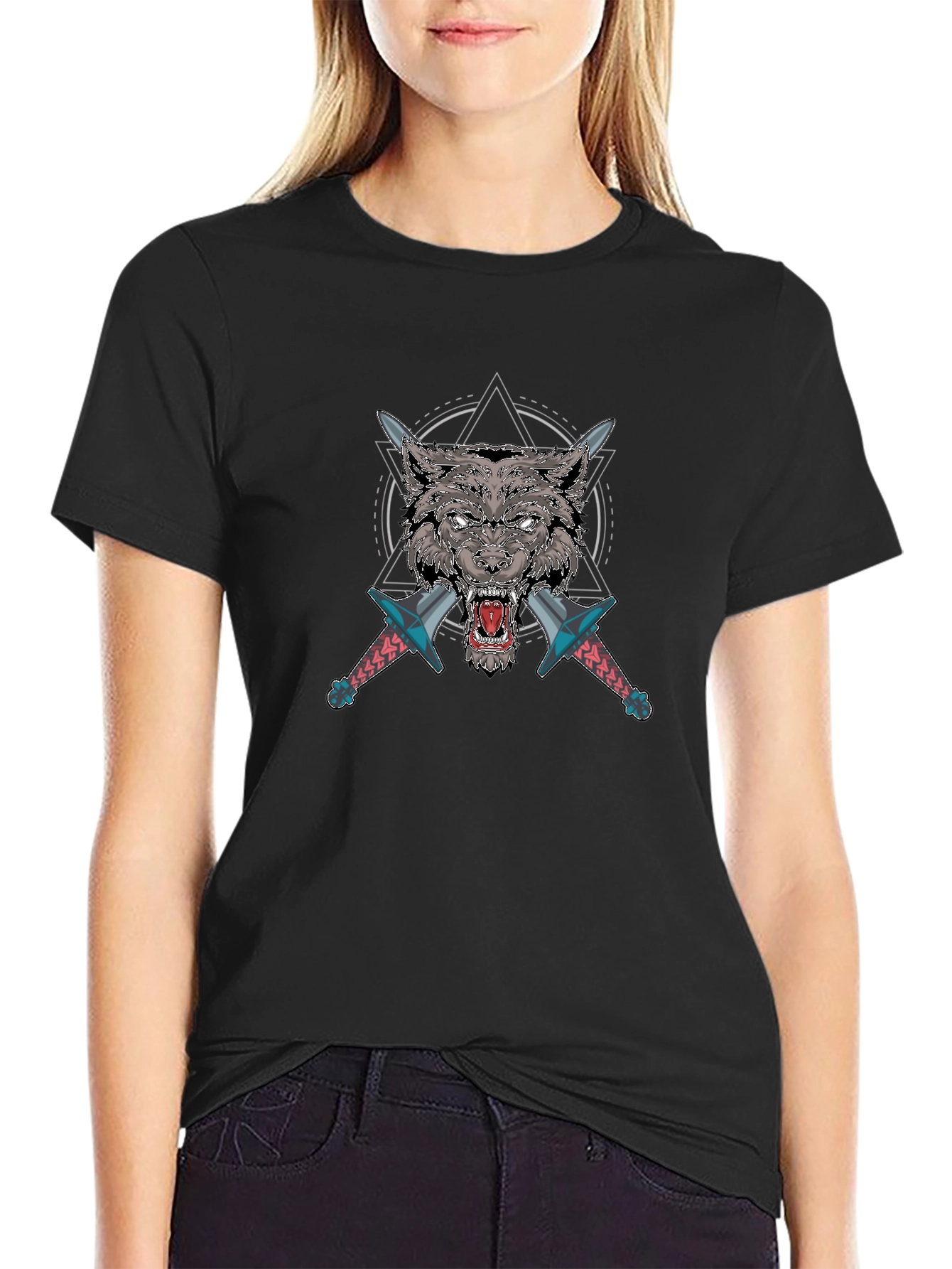 Wolf Graphic T-Shirt with Swords