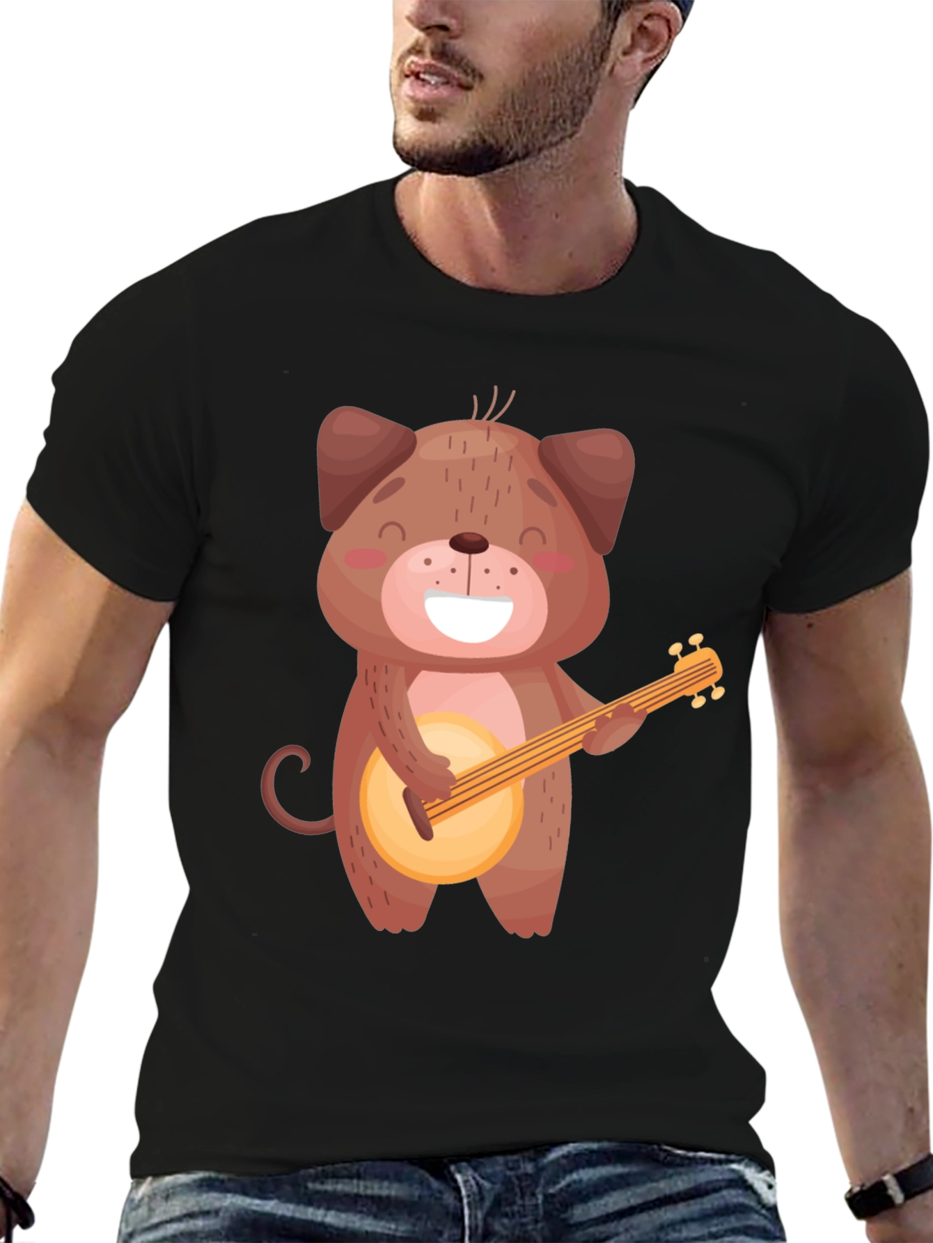 Dog Playing Banjo T-Shirt - Black Cotton Tee