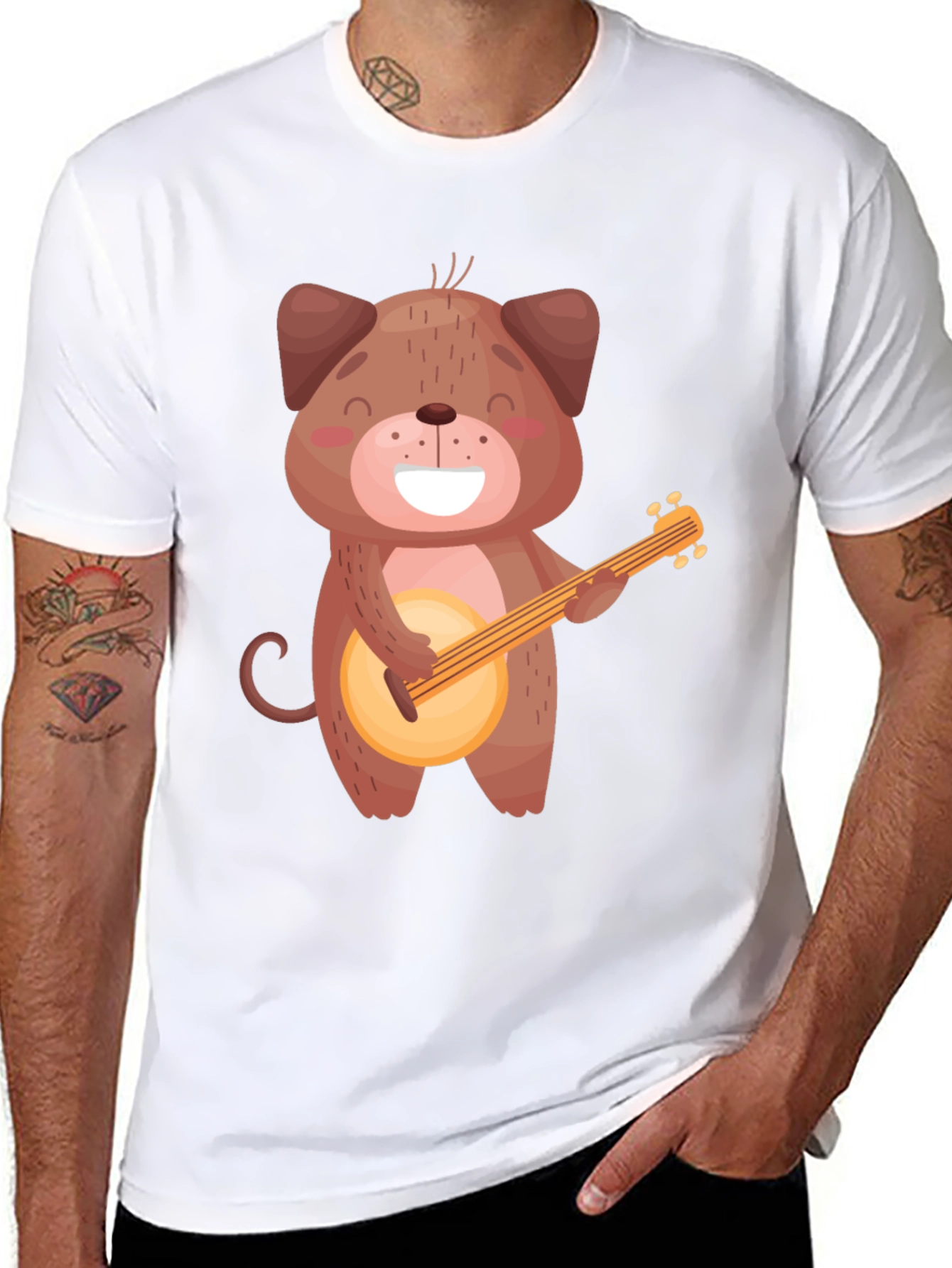 Dog Playing Banjo T-Shirt - Black Cotton Tee