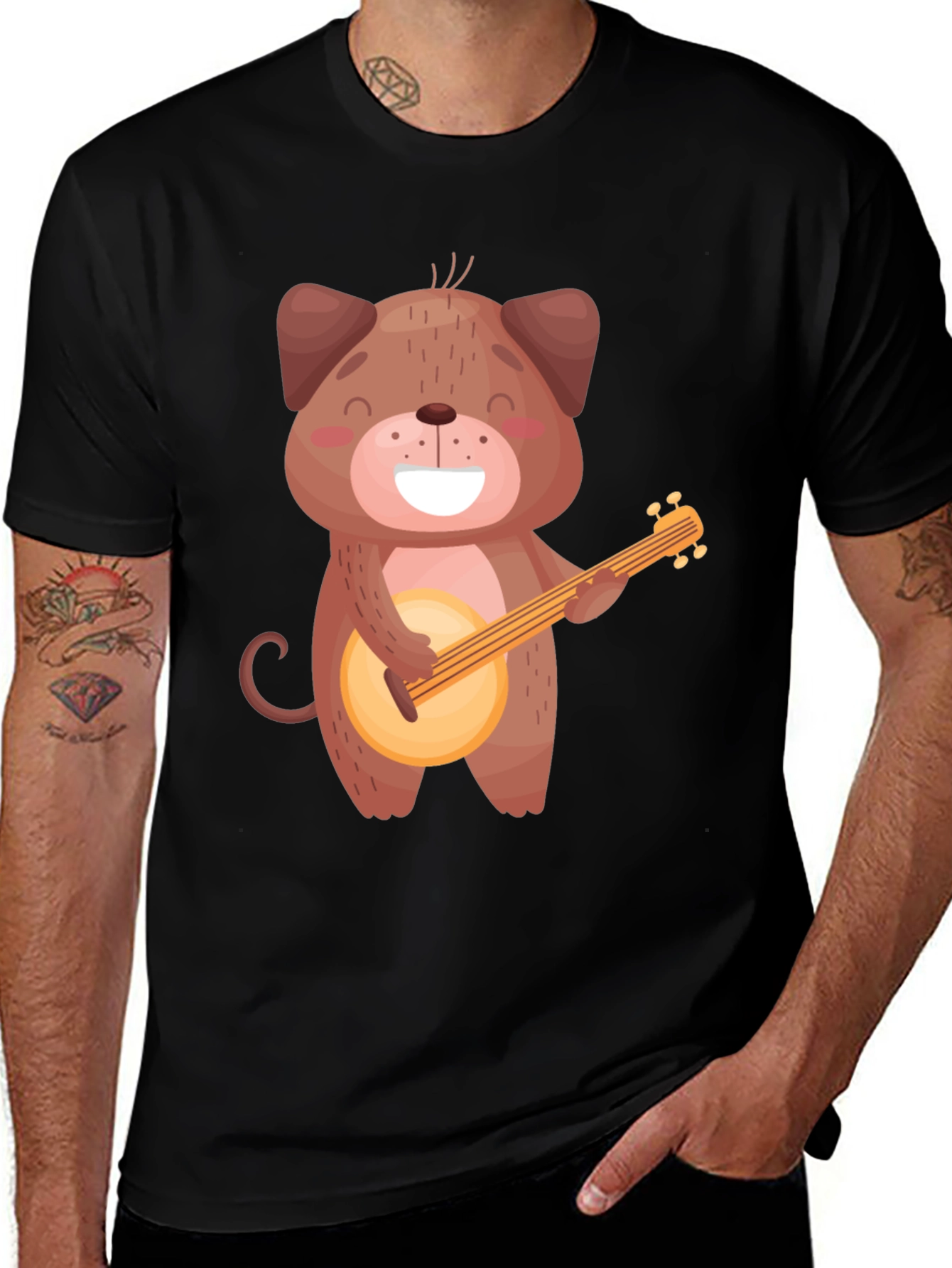 Dog Playing Banjo T-Shirt - Black Cotton Tee
