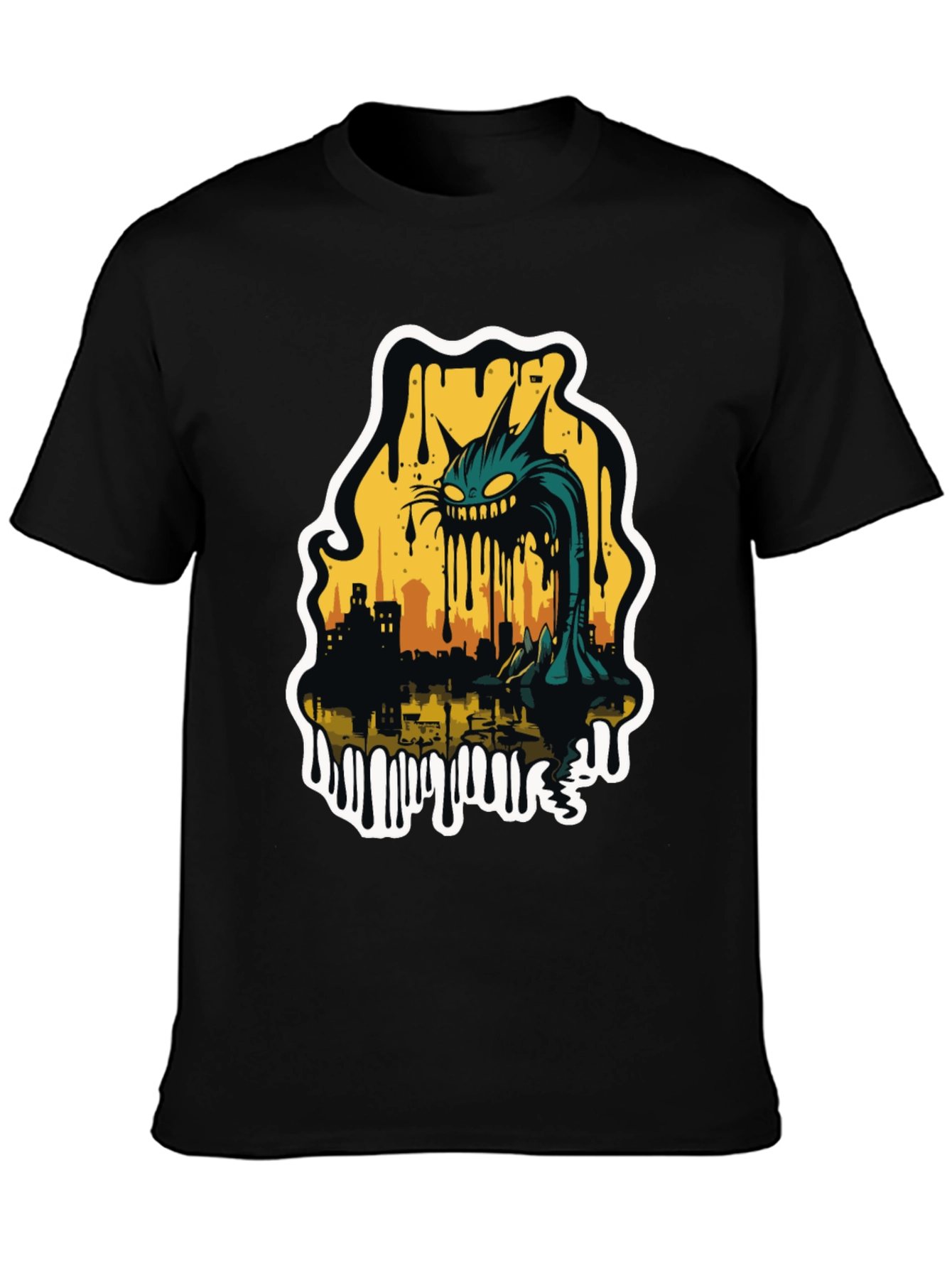 Monster Cat Cityscape Graphic Tee - Black