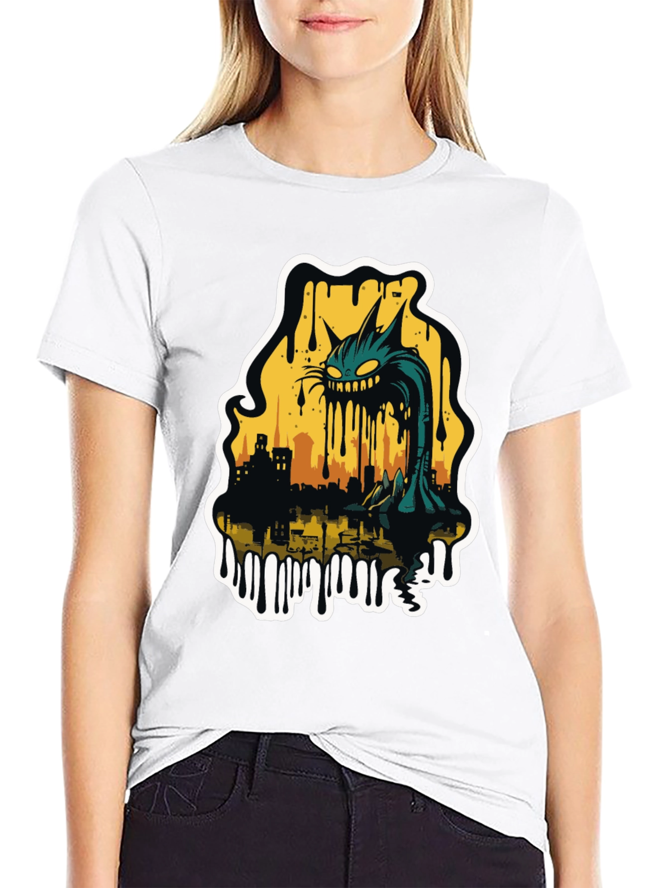 Monster Cat Cityscape Graphic Tee - Black