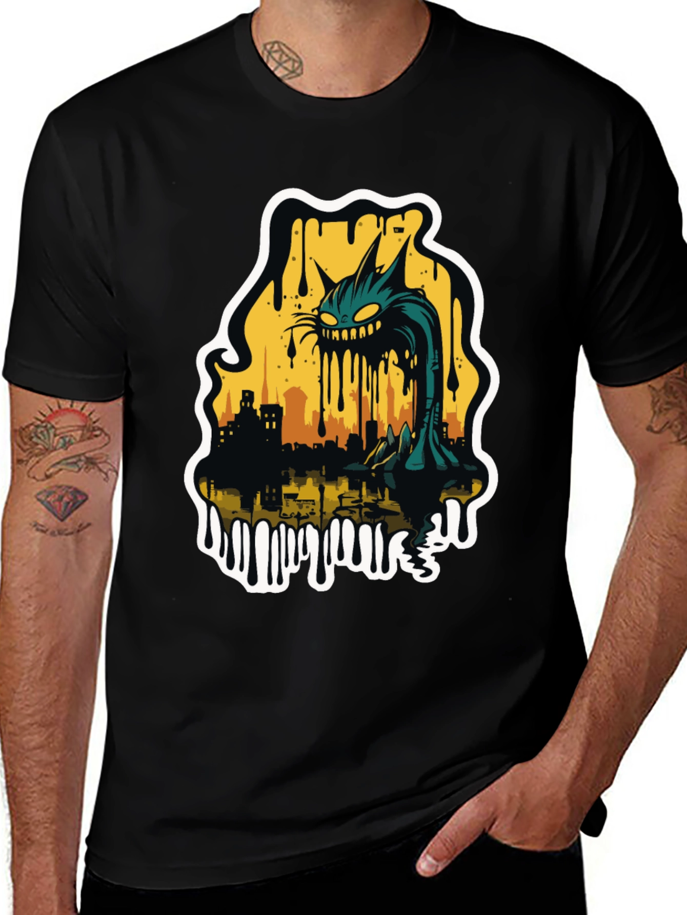 Monster Cat Cityscape Graphic Tee - Black