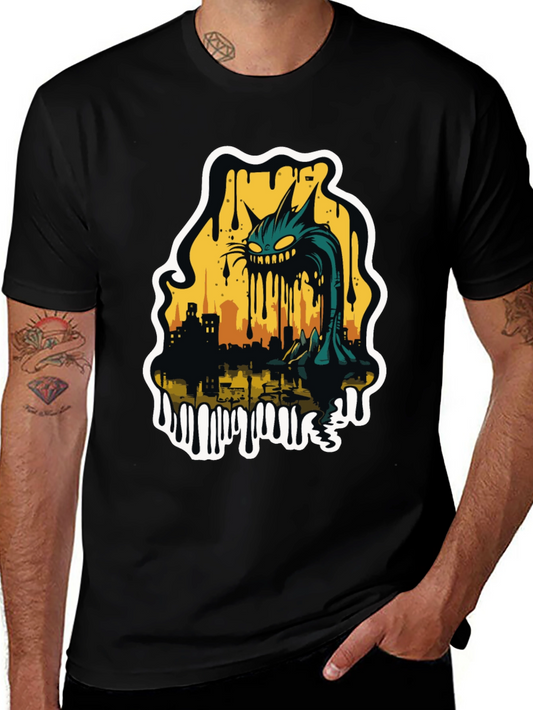 Monster Cat Cityscape Graphic Tee - Black