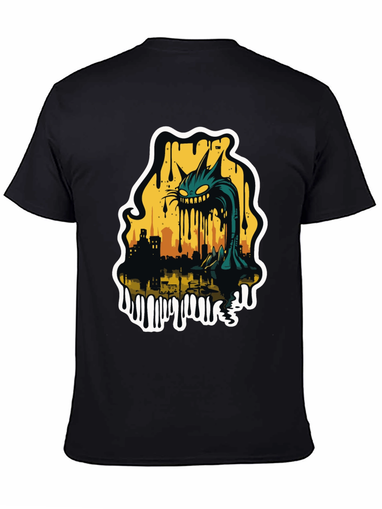 Monster Cat Cityscape Graphic Tee - Black