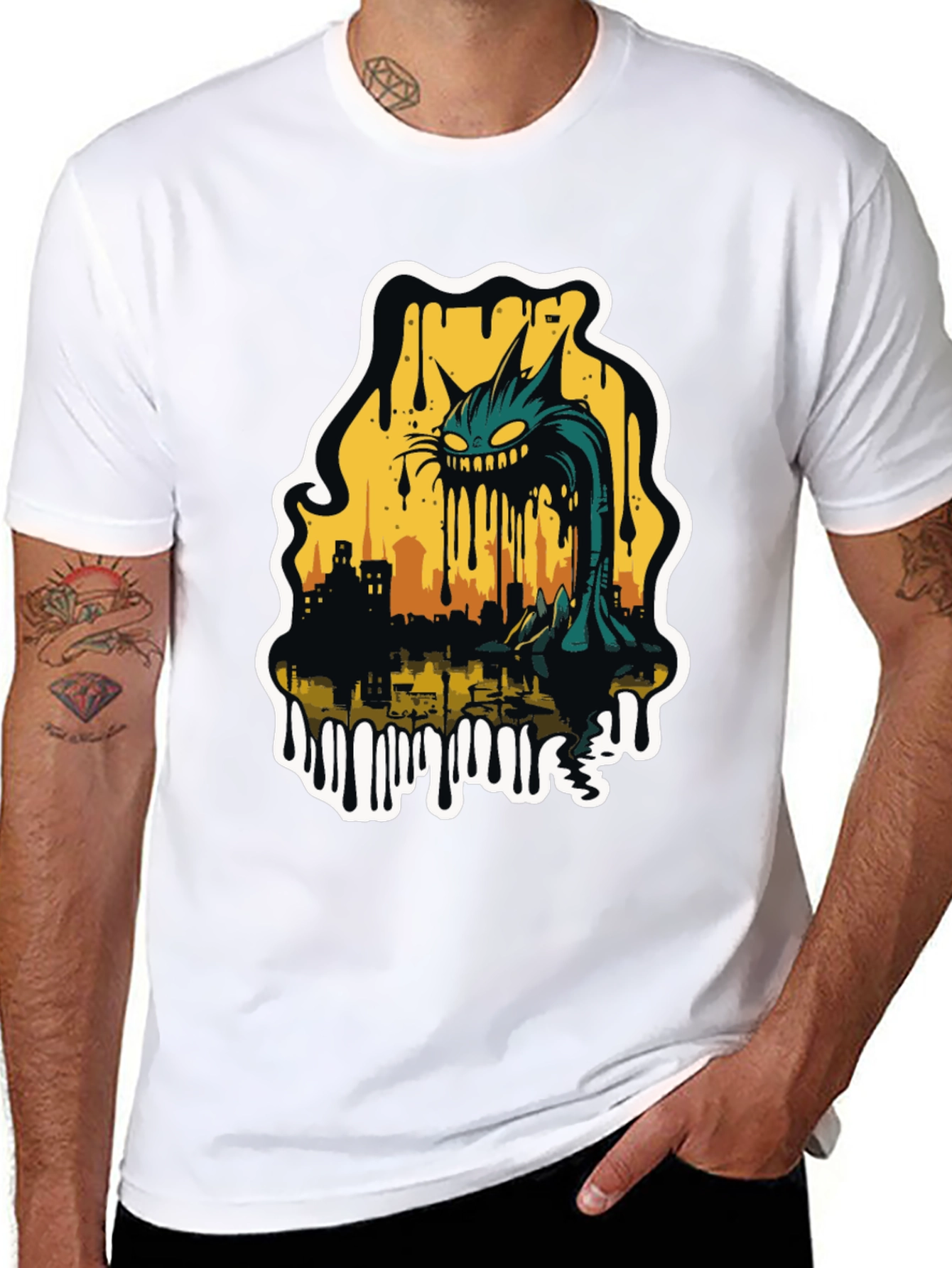 Monster Cat Cityscape Graphic Tee - Black