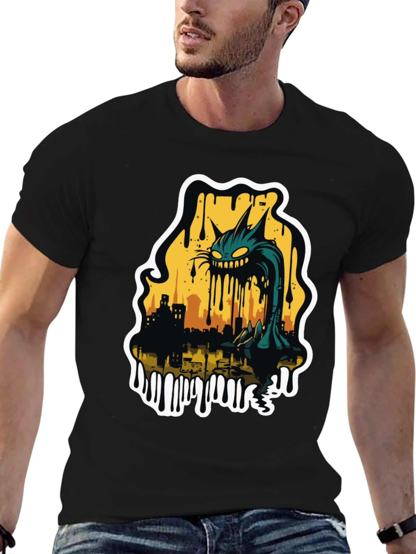 Monster Cat Cityscape Graphic Tee - Black