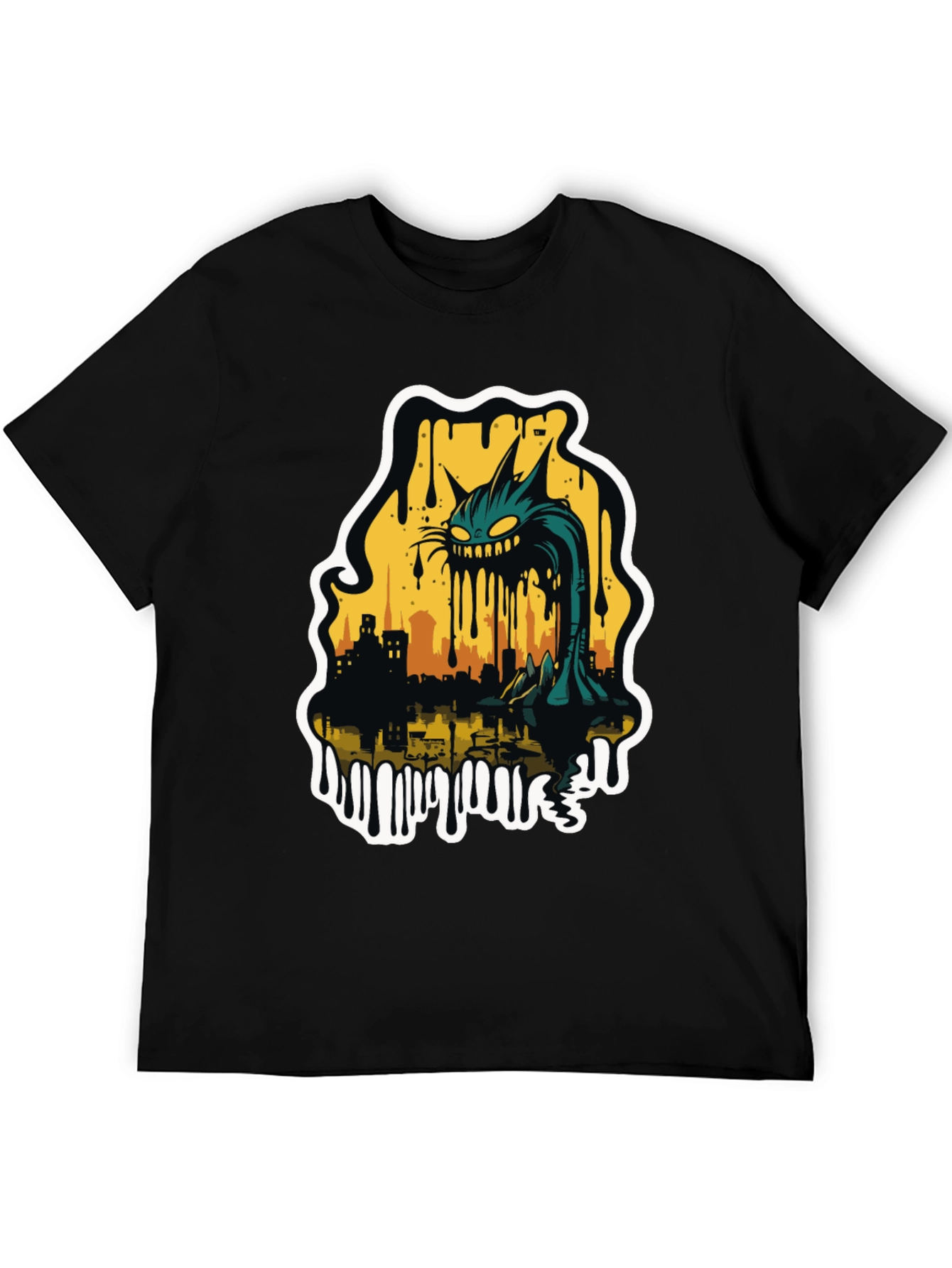 Monster Cat Cityscape Graphic Tee - Black