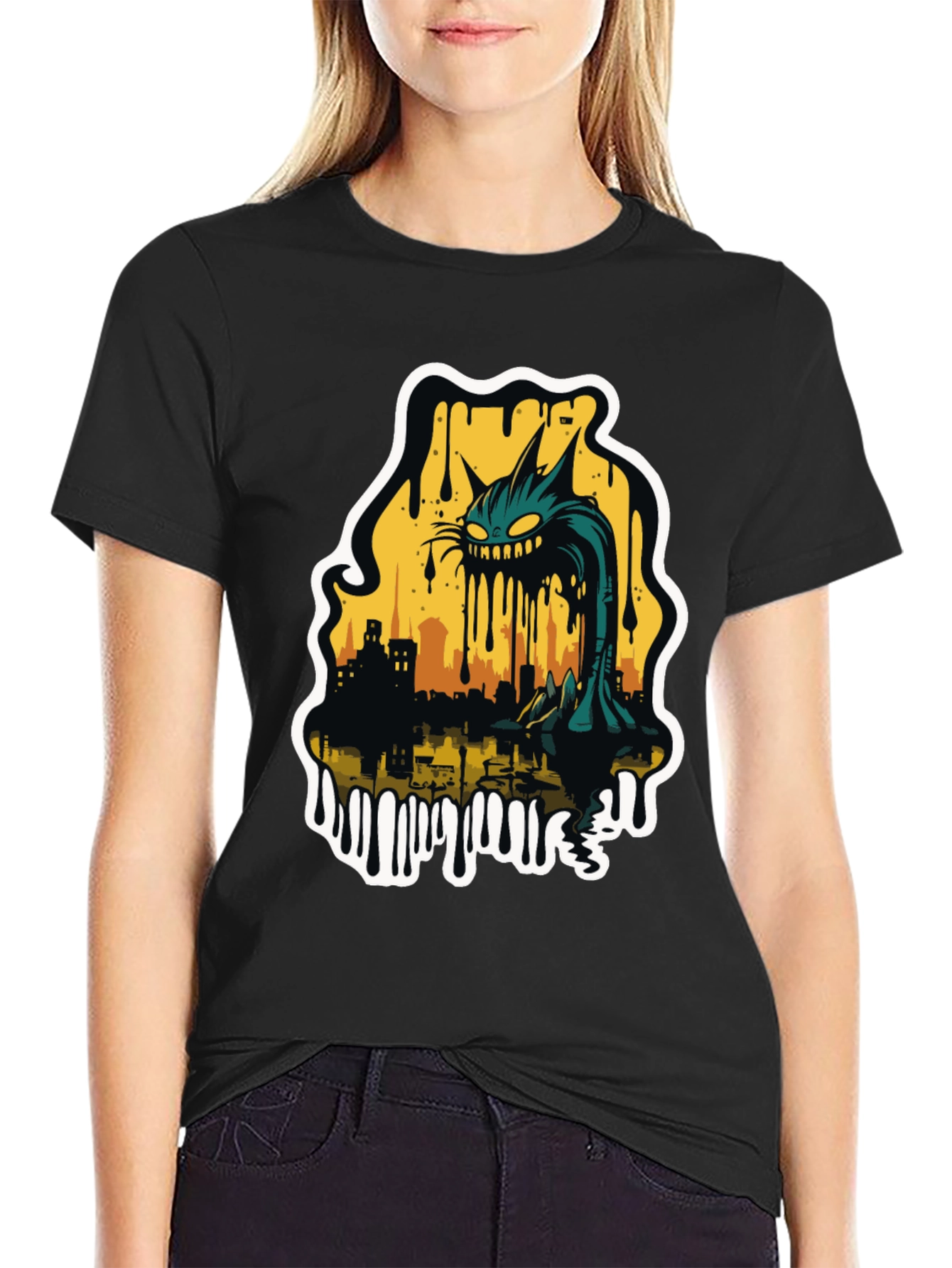 Monster Cat Cityscape Graphic Tee - Black