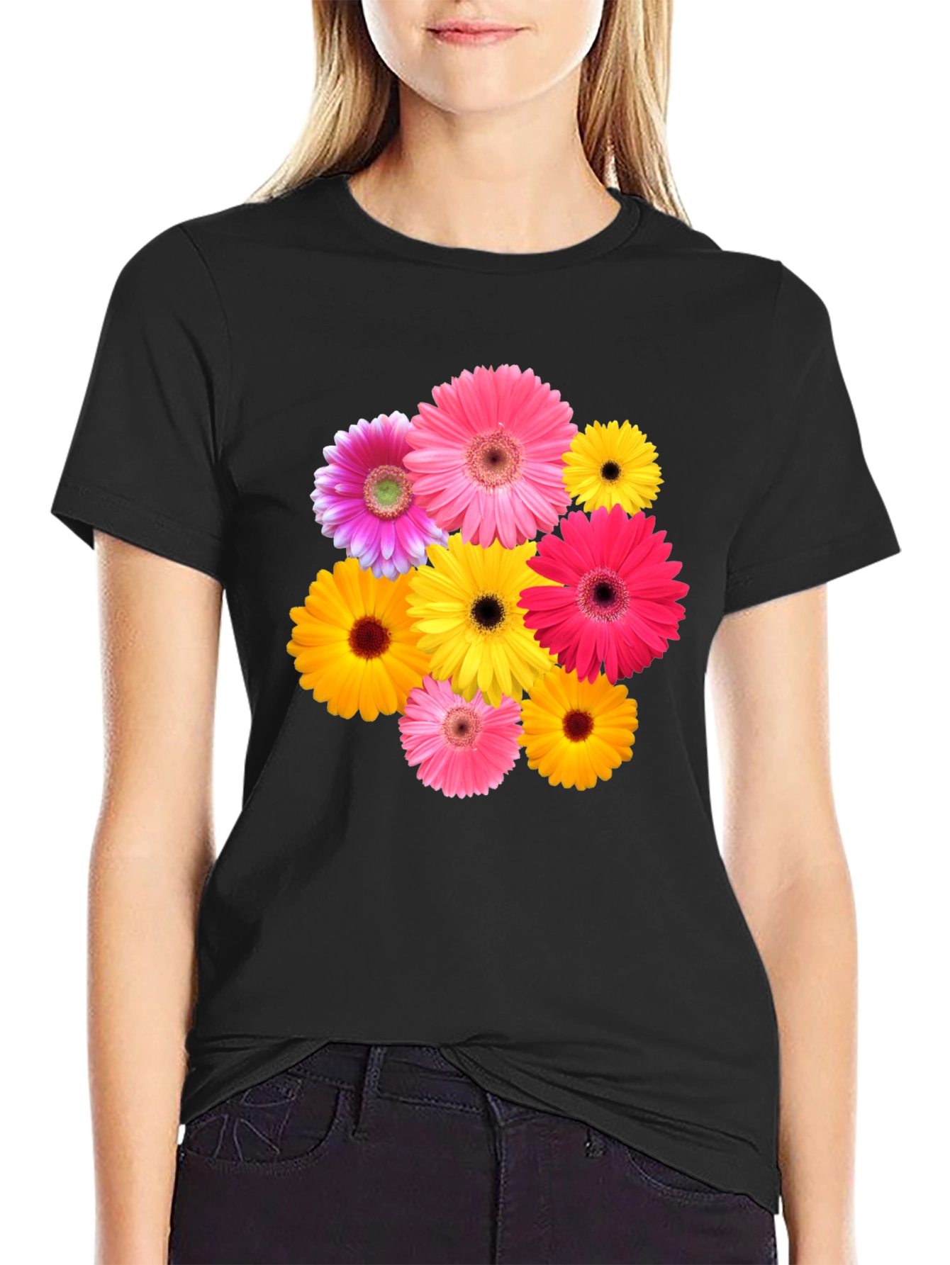 Floral Gerbera Daisy Black T-Shirt