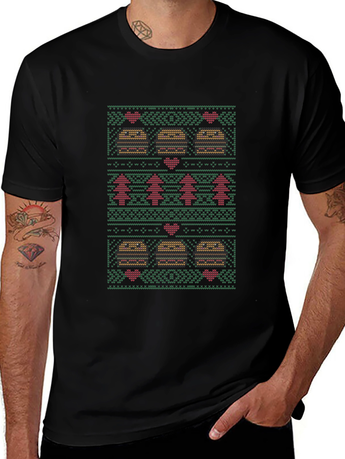 Burger Christmas Sweater Pattern T-Shirt