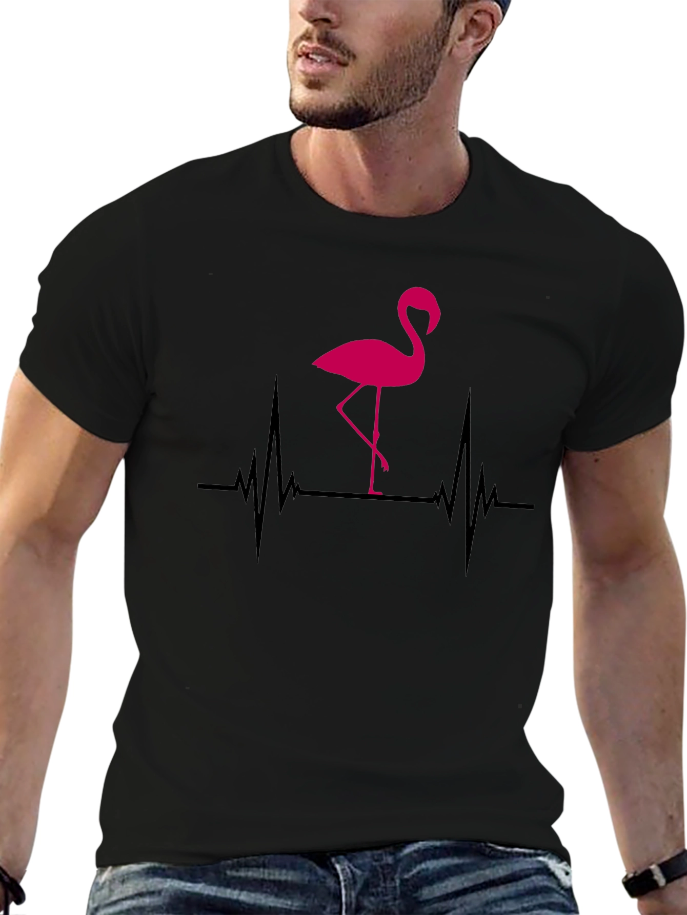 Flamingo Heartbeat Graphic T-Shirt - Black