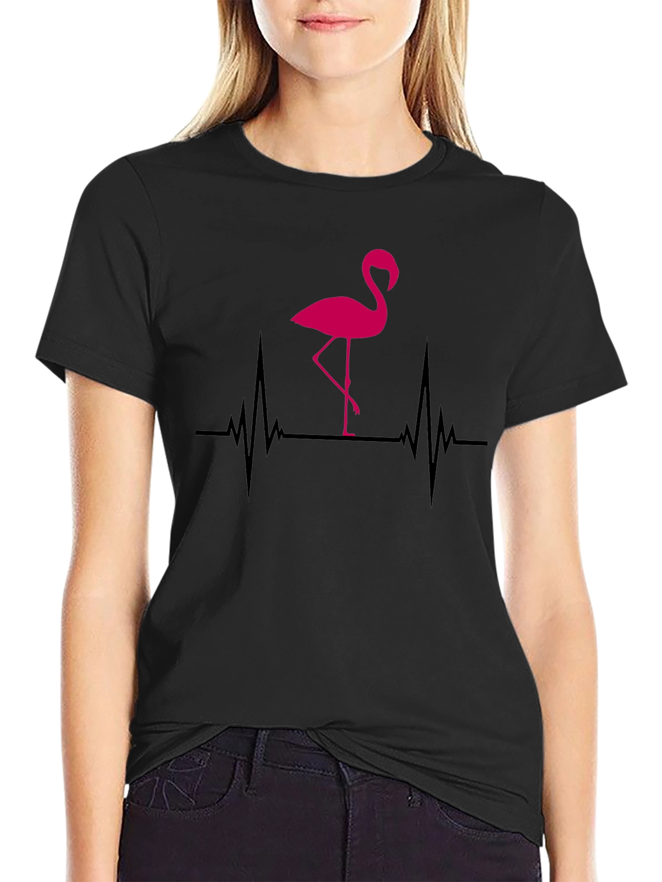 Flamingo Heartbeat Graphic T-Shirt - Black