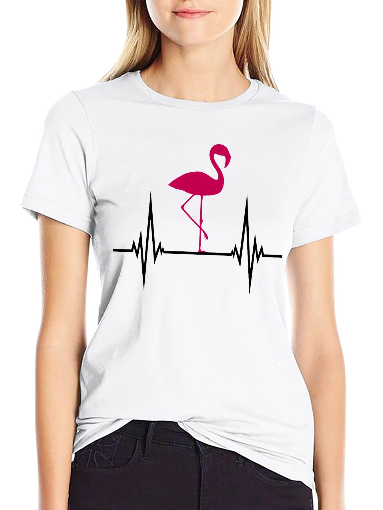 Flamingo Heartbeat Graphic T-Shirt - Black