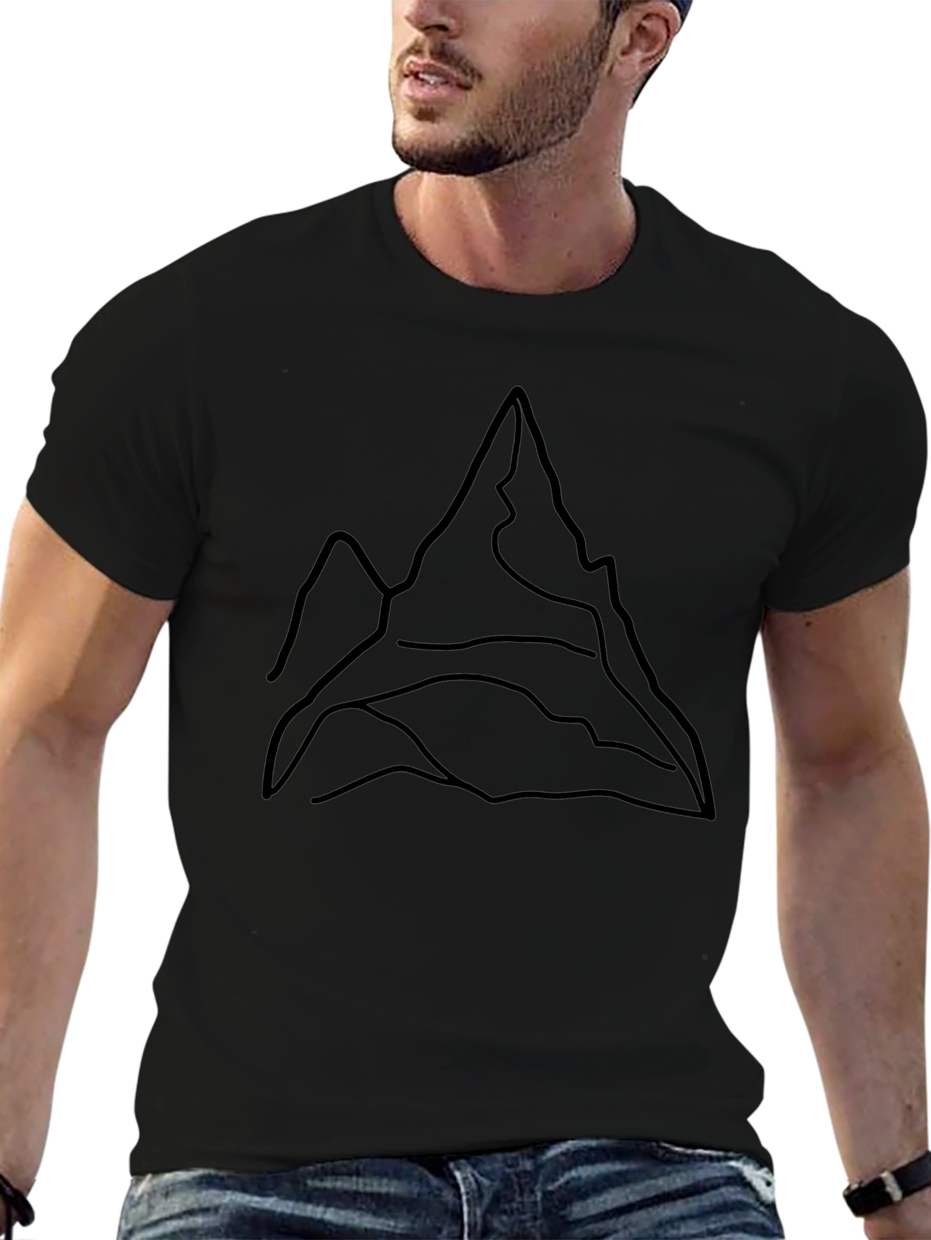 Minimalist Mountain Line Art Black T-Shirt