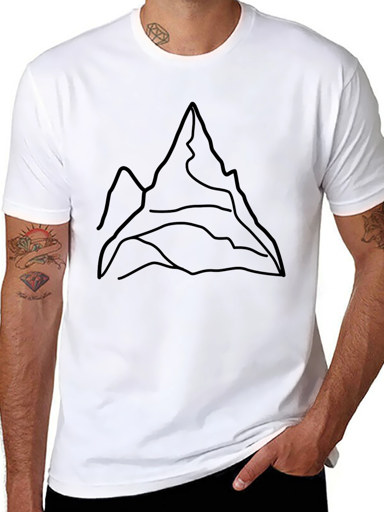 Minimalist Mountain Line Art Black T-Shirt