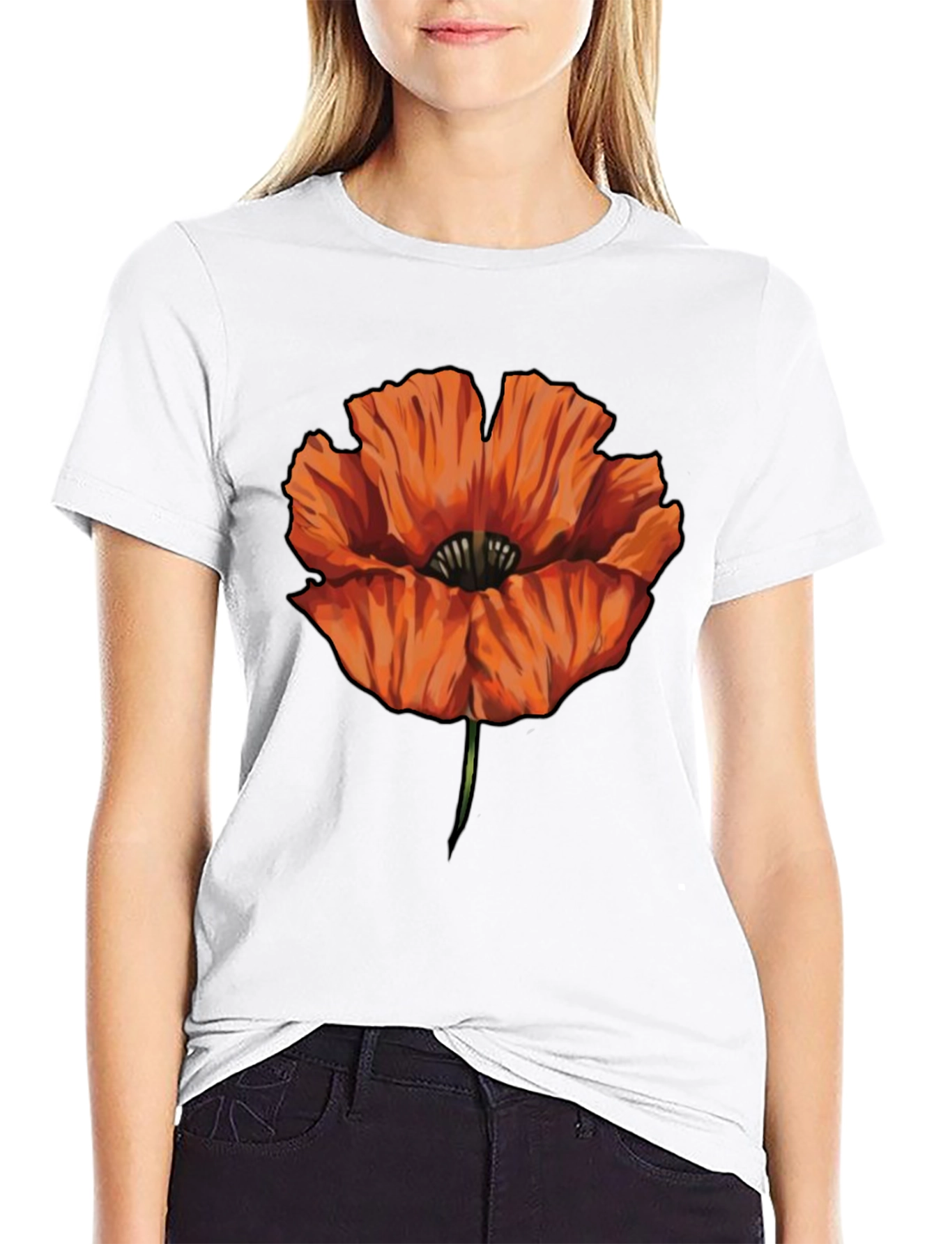 Orange Poppy Graphic Print Black T-Shirt