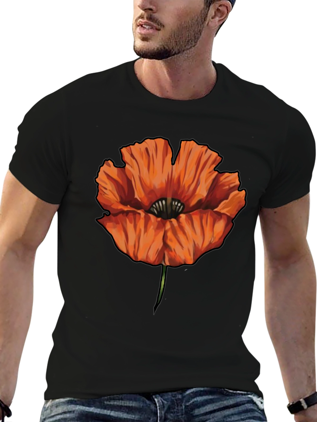 Orange Poppy Graphic Print Black T-Shirt