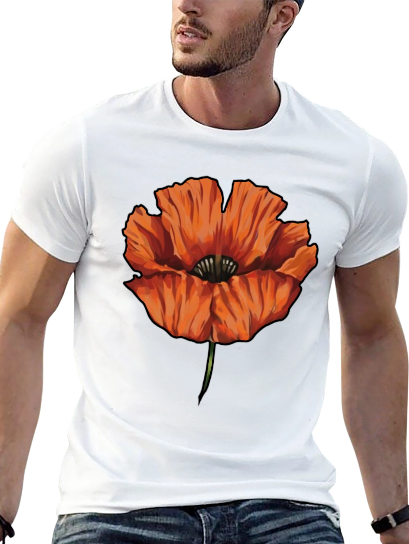 Orange Poppy Graphic Print Black T-Shirt